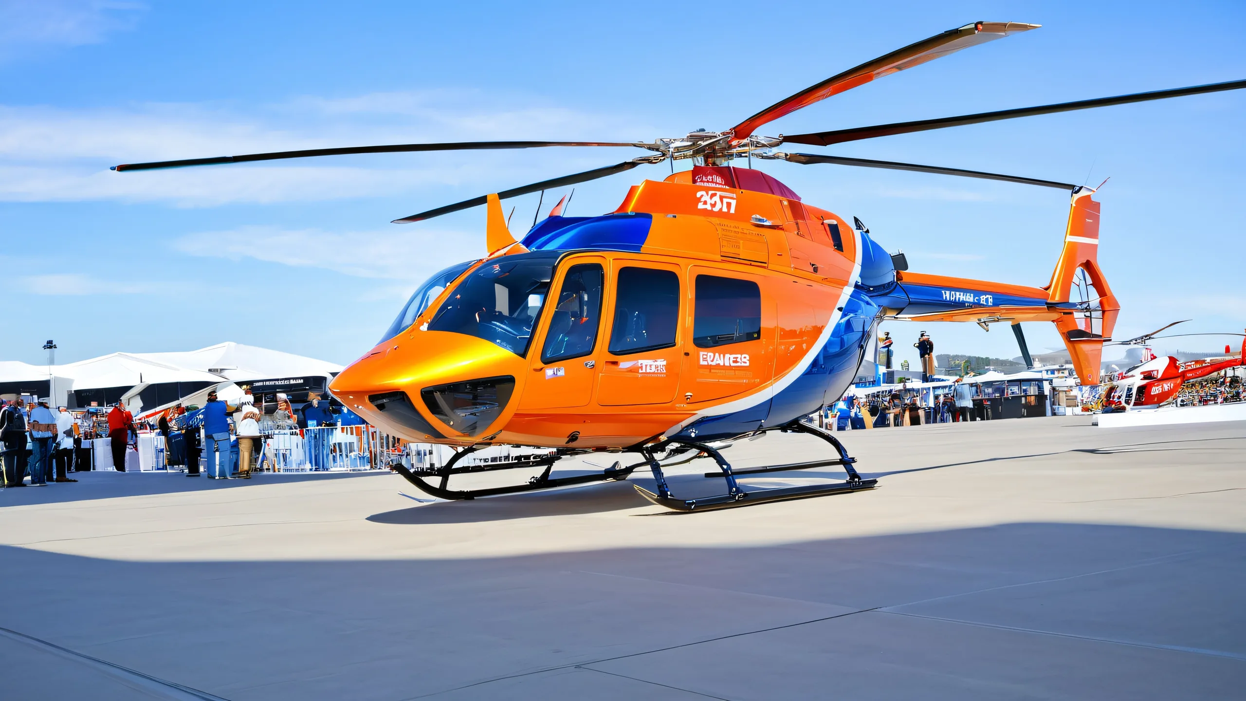 A majestic Bell 407 helicopter descends towards the bustling HAI heli expo, with bright lights and fan blades creating a mesmerizing display on Desktop/PC.