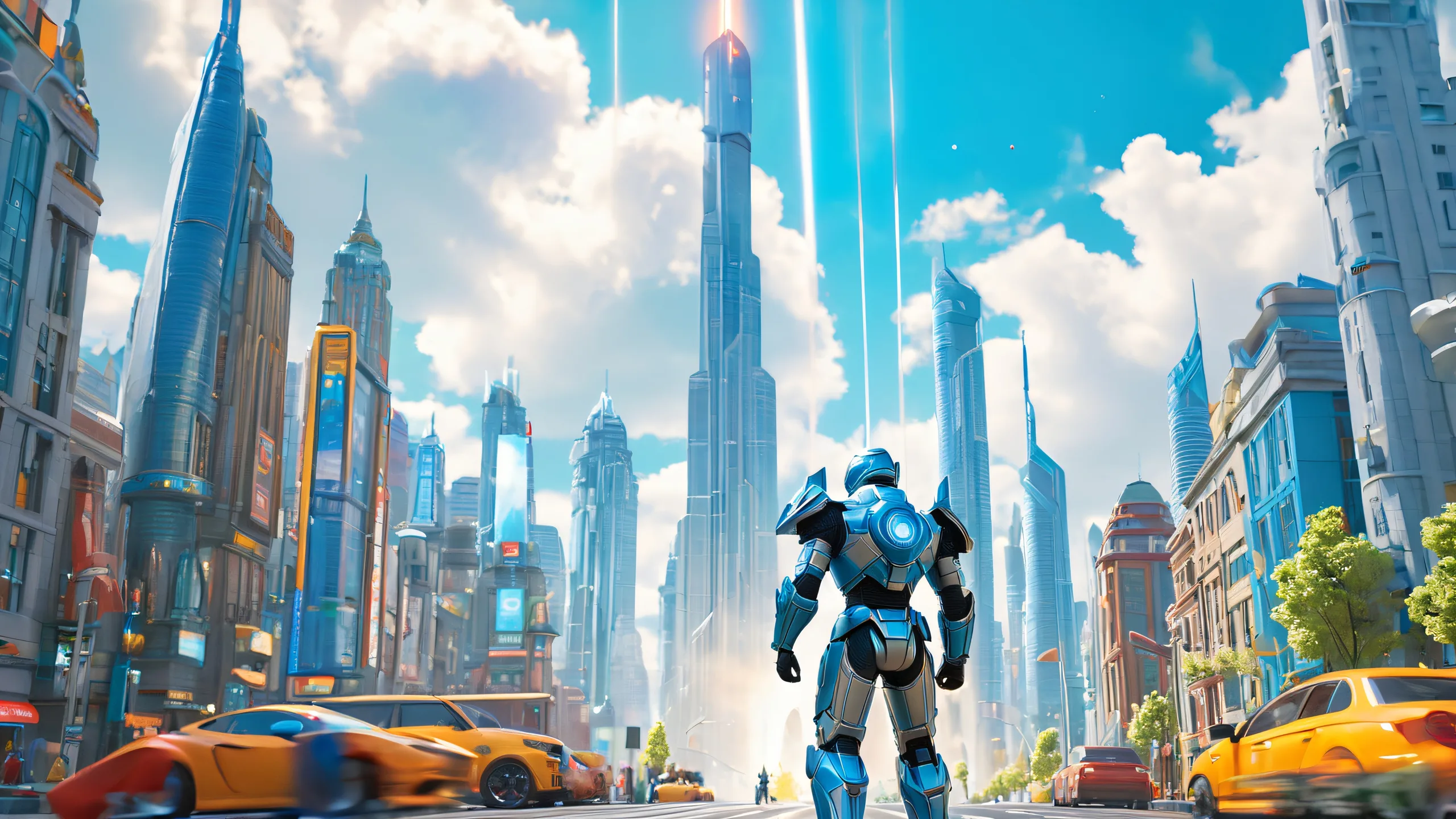 Miniature cityscape with action figure holding energy sword on a sunny day for desktop/pc use.