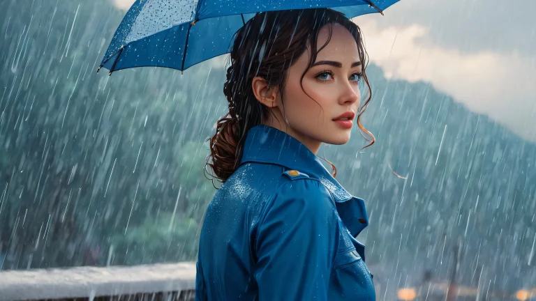 Illustrative fantasy scene of a heroine amidst a rainy overcast sky with brown and blue hues.