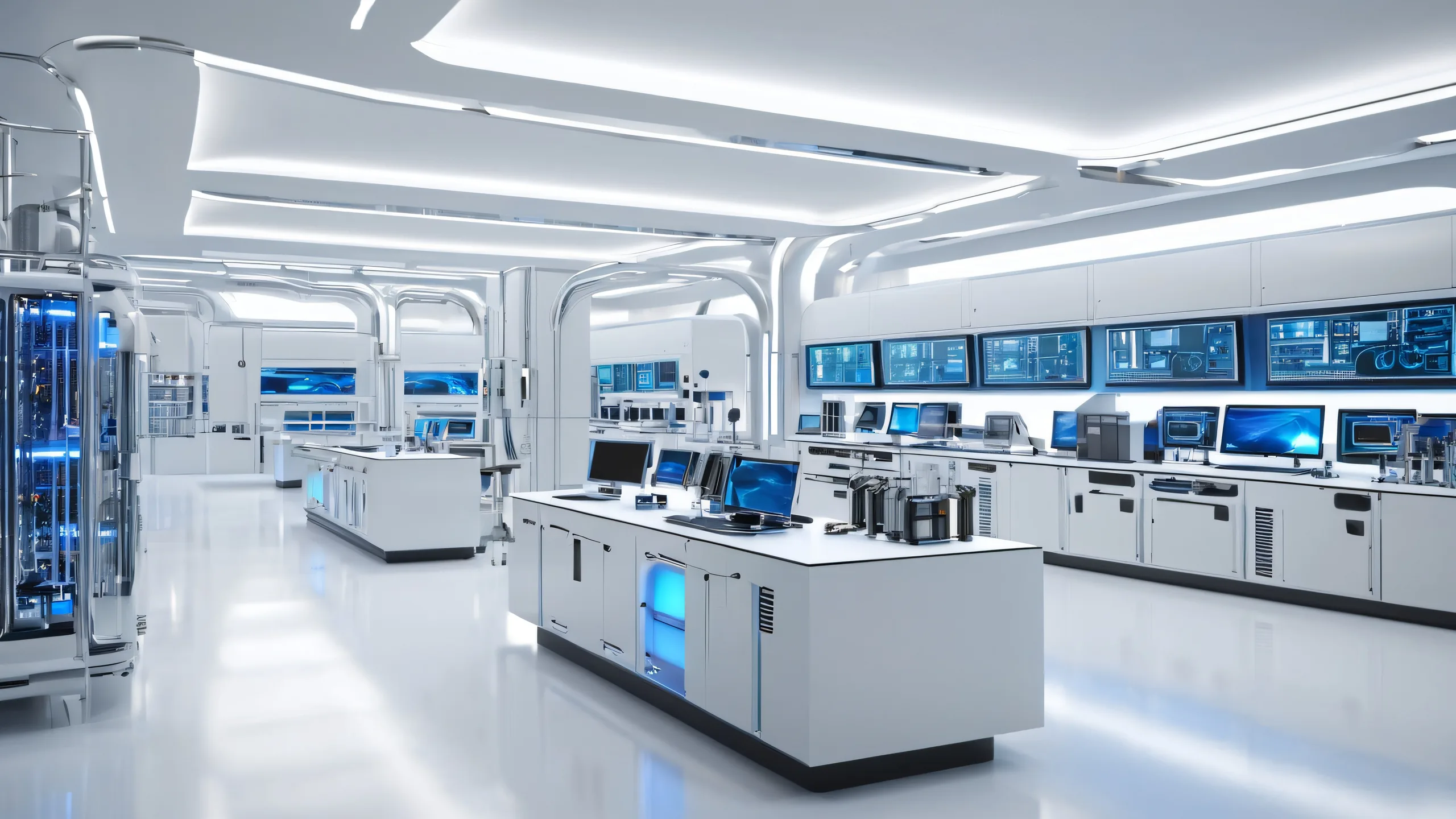 High-Tech Laboratory Oasis 4K UHD Wallpaper Detailed 3D rendering of a futuristic laboratory setting for Desktop/PC use. Sterile, well-lit space with polished metal surfaces and glass partitions.