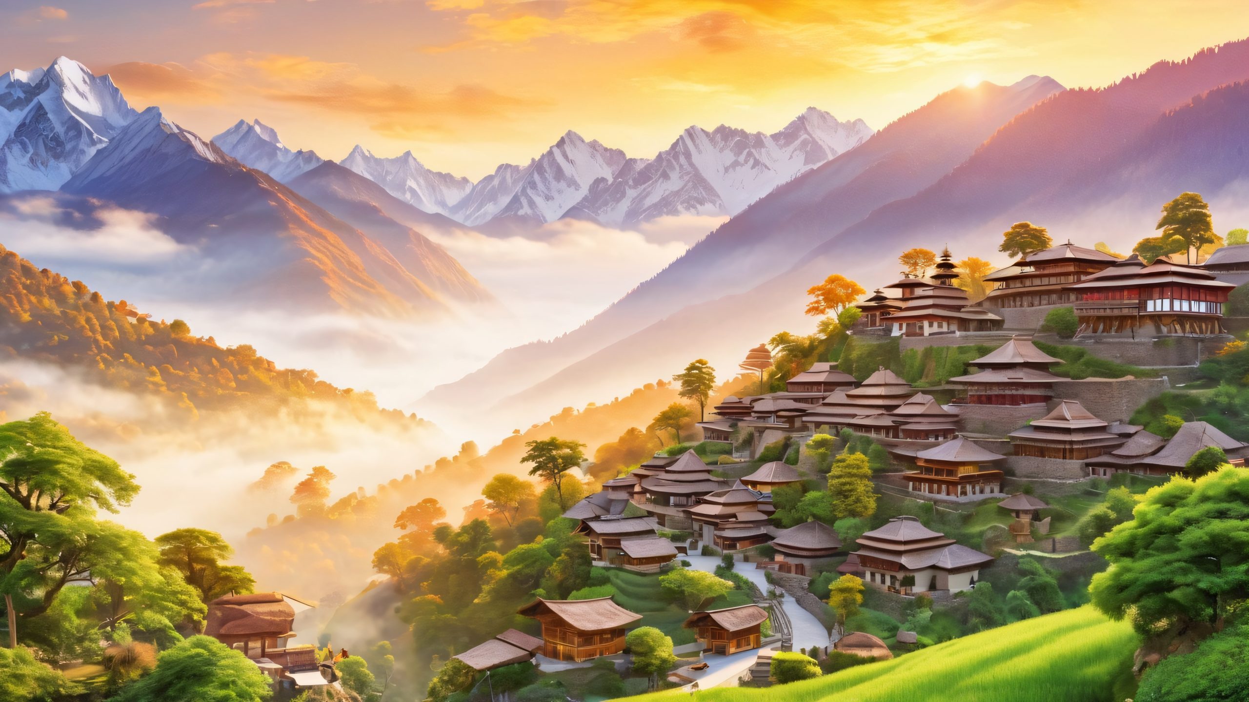 Aesthetic Himalayan Village Serenity Background A serene and idyllic scene of a tranquil village nestled among lush green hills, suitable for desktop/pc backgrounds.