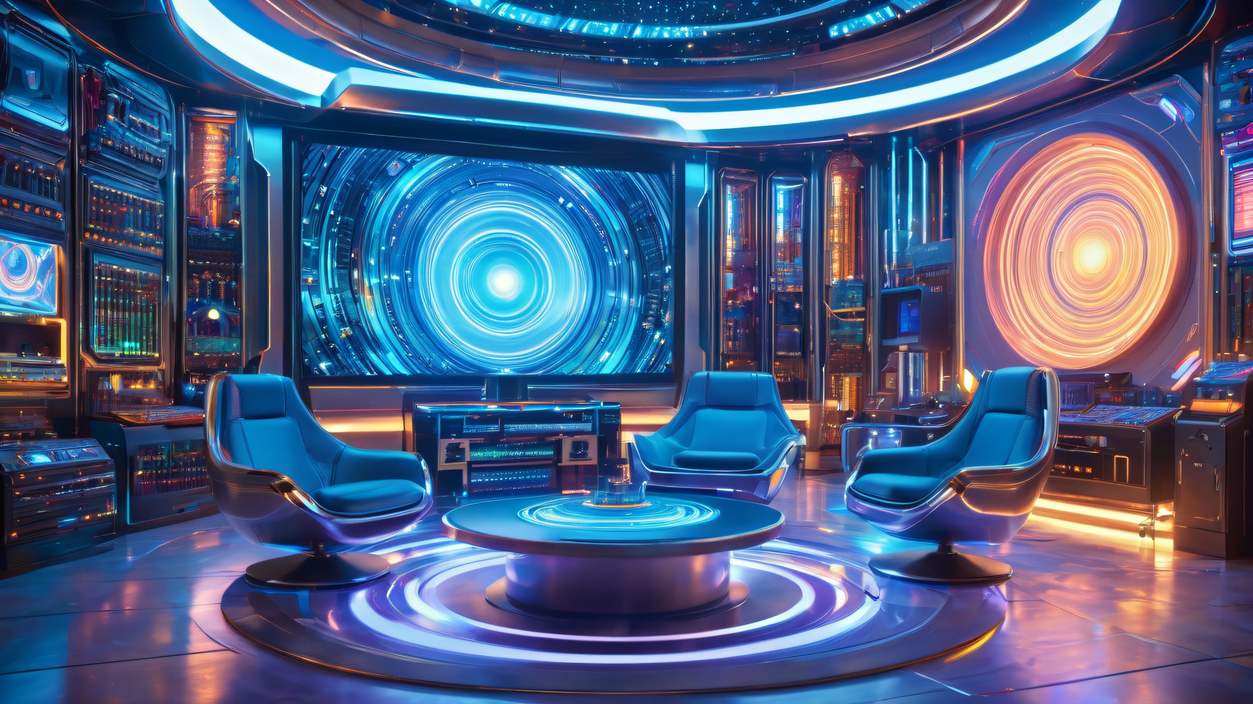 Ultra HD Holographic Gaming Vortex Wallpaper Futuristic holographic gaming interface in a swirling vortex of metallic blues and chromatic silvers.