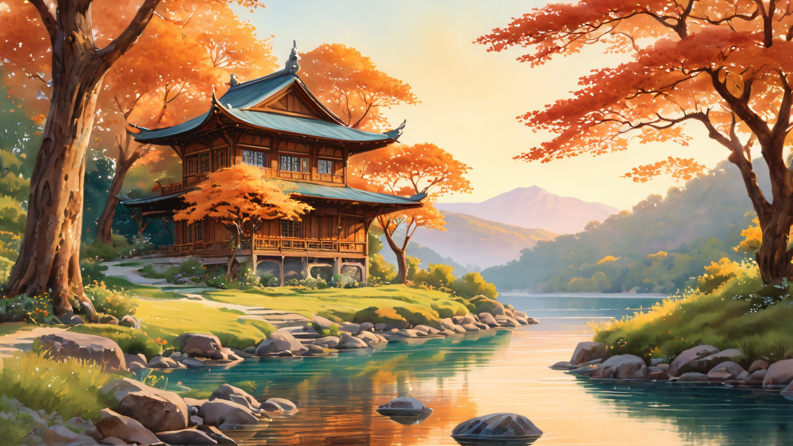 Ultra HD Honeyed Haven in Harmony Wallpaper Charming guesthouse surrounded by ancient trees and serene valley with gentle stream for desktop/pc