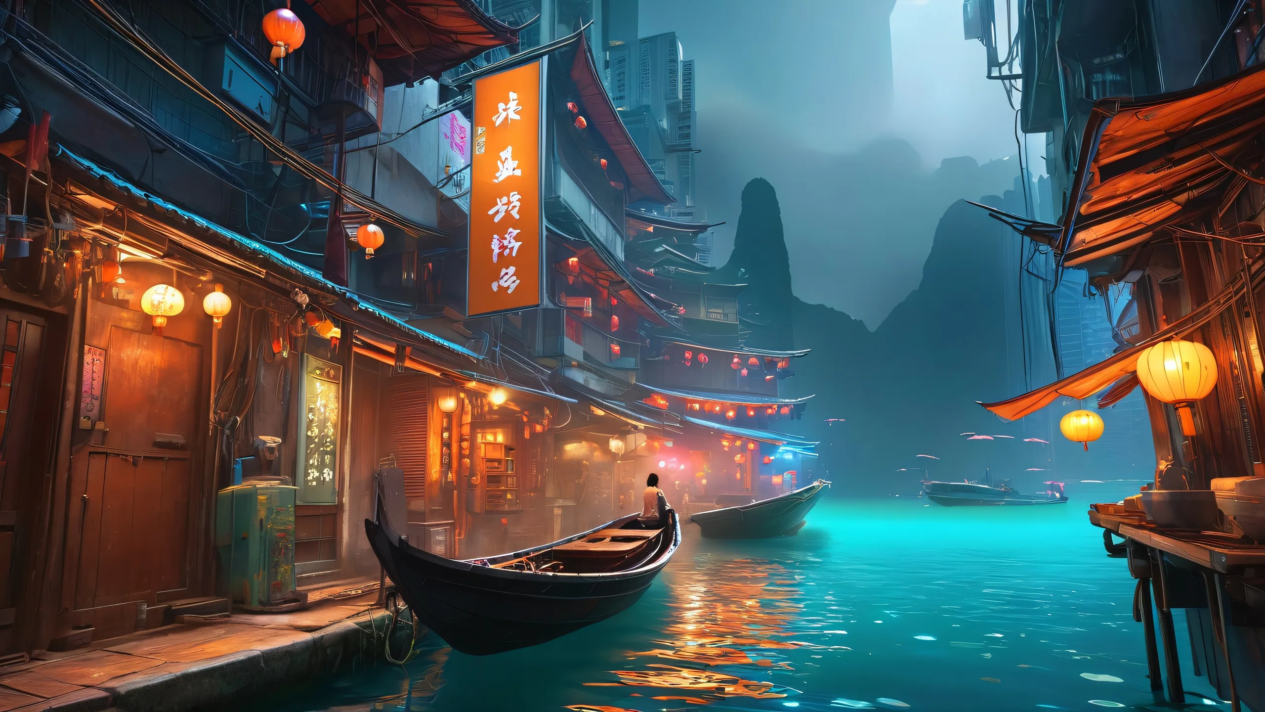 Ultra HD Hong Kong Cyberpunk Nocturne Wallpaper A solitary figure stands in a small weathered boat amidst the vibrant neon lights of a Hong Kong cyberpunk alleyway at night, accessible from desktop/PC