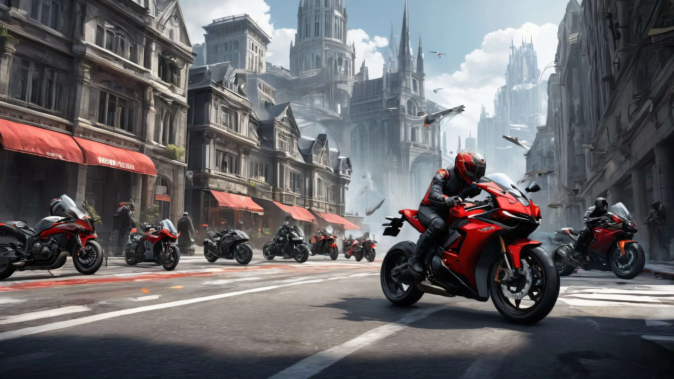 Epic Ethereal Cityscape of Horror Icons Desktop Wallpaper Desktop/PC wallpaper featuring video game characters in a dark and ominous city with motorcycles and award-winning digital art.