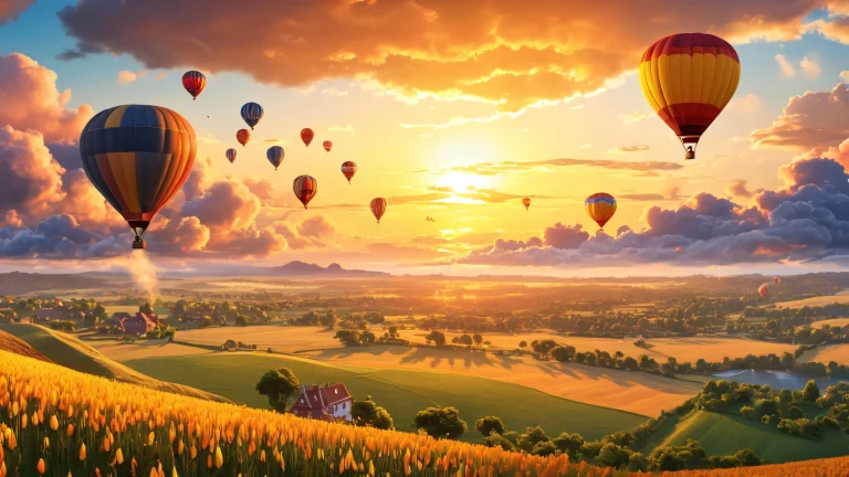 Hot air balloons soaring above a warm sunset landscape with fluffy clouds and a stormy sky.