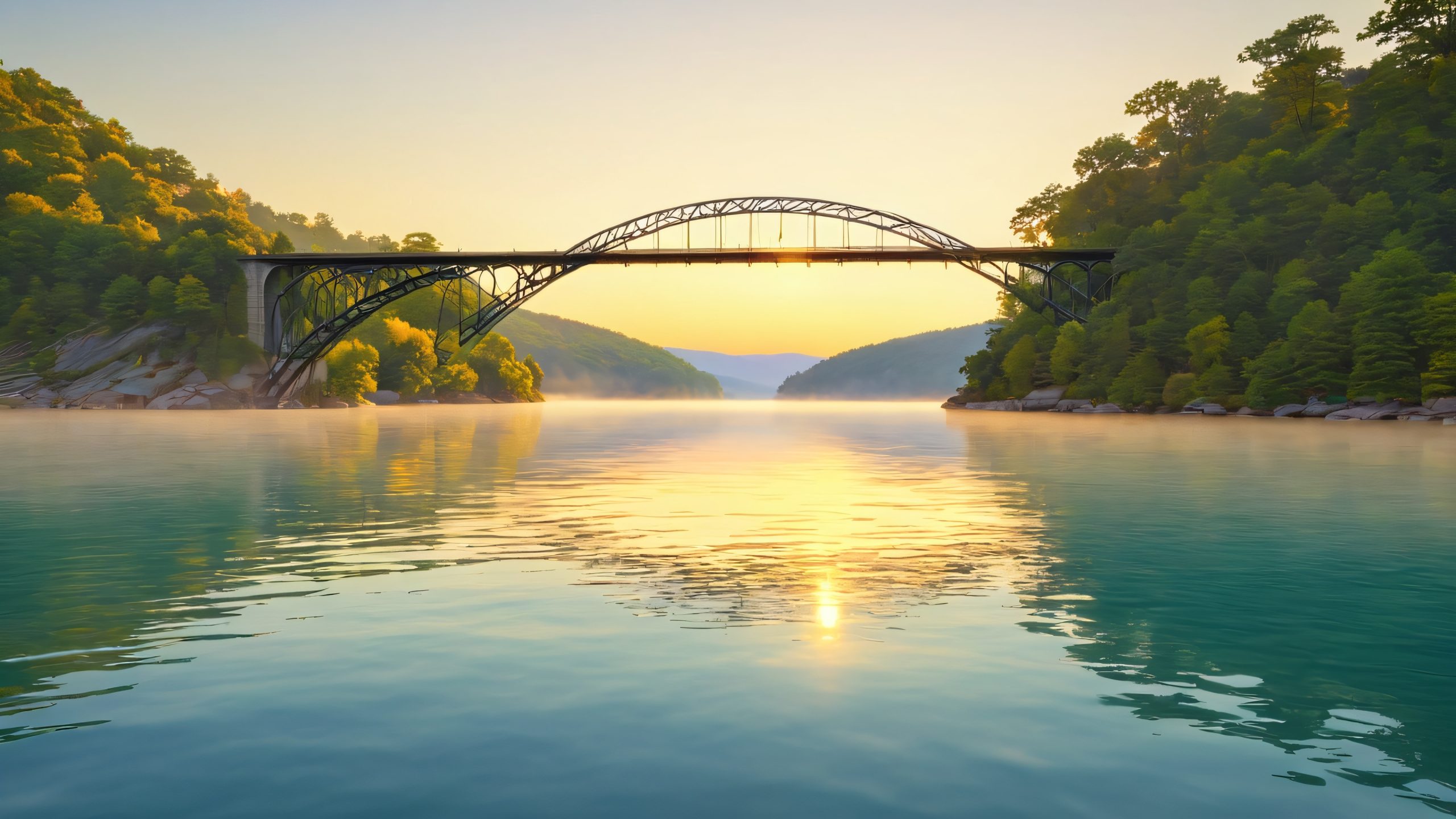 A majestic steel arch bridge spanning the Hudson River, with a serene morning landscape and gentle golden light on the water.