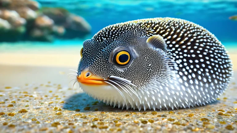 A surreal scene of a penguin-tabby-pufferfish hybrid creature surrounded by vibrant flowers and lush greenery, symbolizing nature's resilience.
