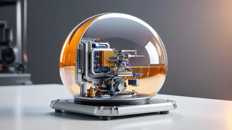 Futuristic computer-aided design workstation on a desktop/PC with holographic 3D models and precision tools.