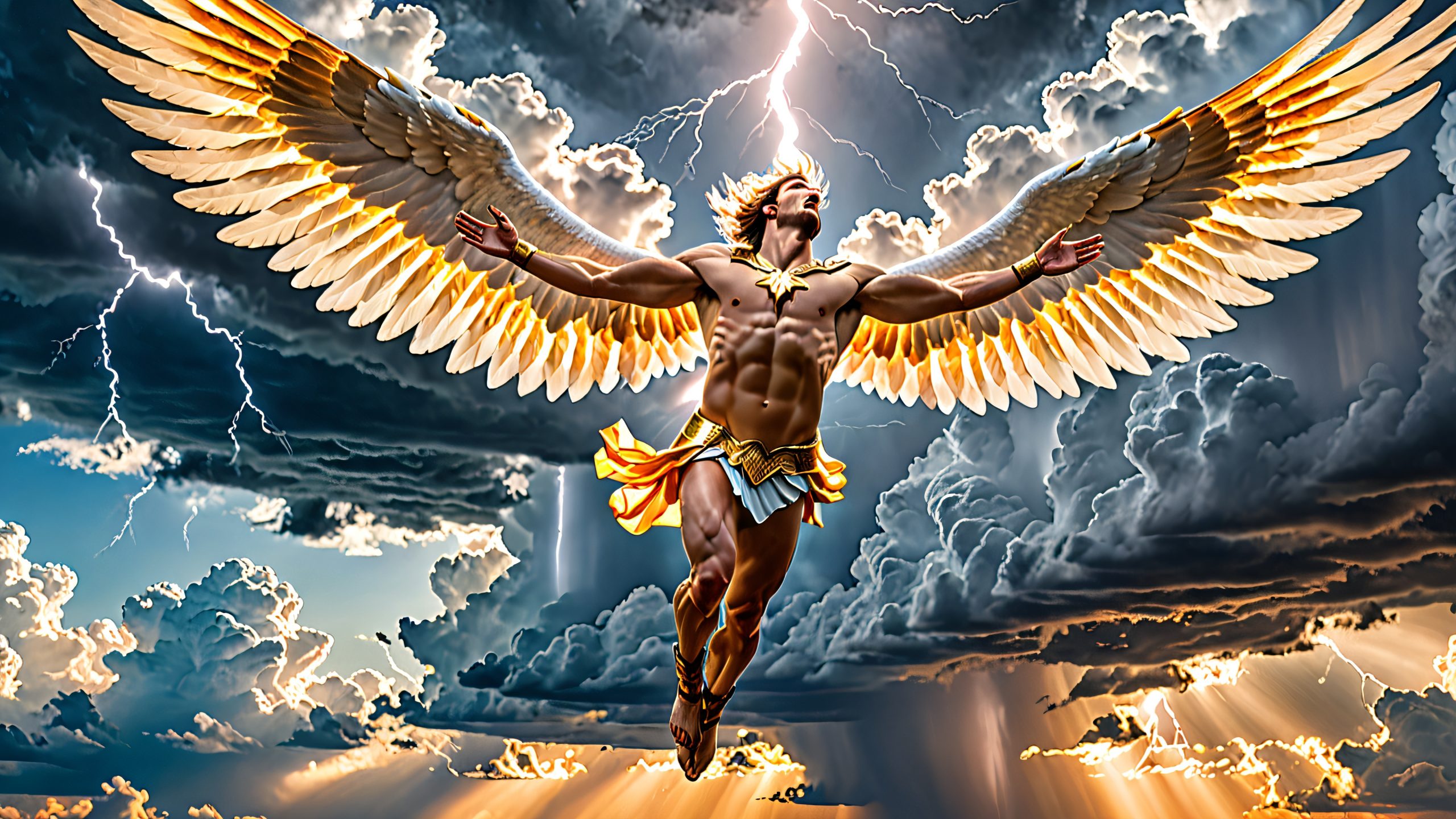 Majestic being, Icarus, struggles to free himself from hubris, amidst a turbulent sky with lightning and celestial bodies, suitable for desktop/pc