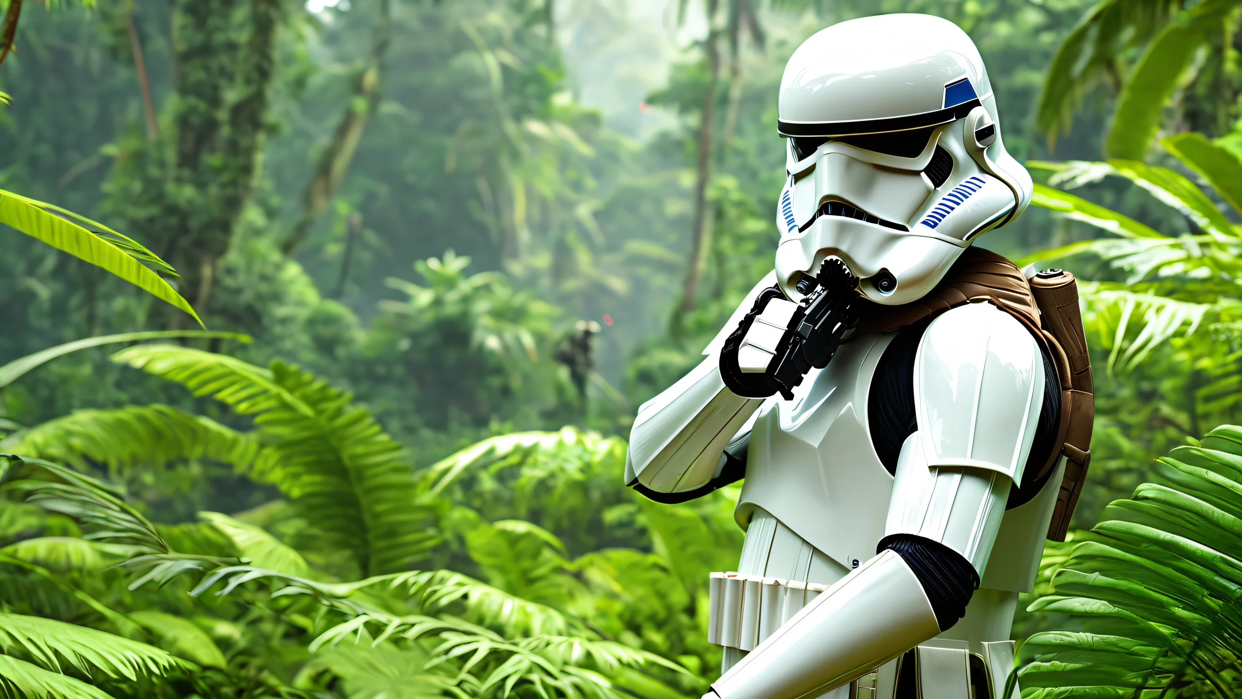 Stormtroopers in a dense jungle environment with high contrast and realistic details.