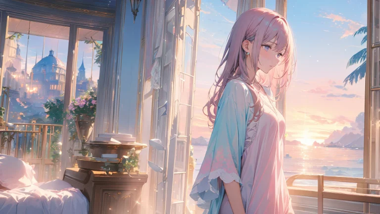 A serene indoor scene featuring a woman admiring her artistic masterpiece in a room filled with warm black and pastel lighting.