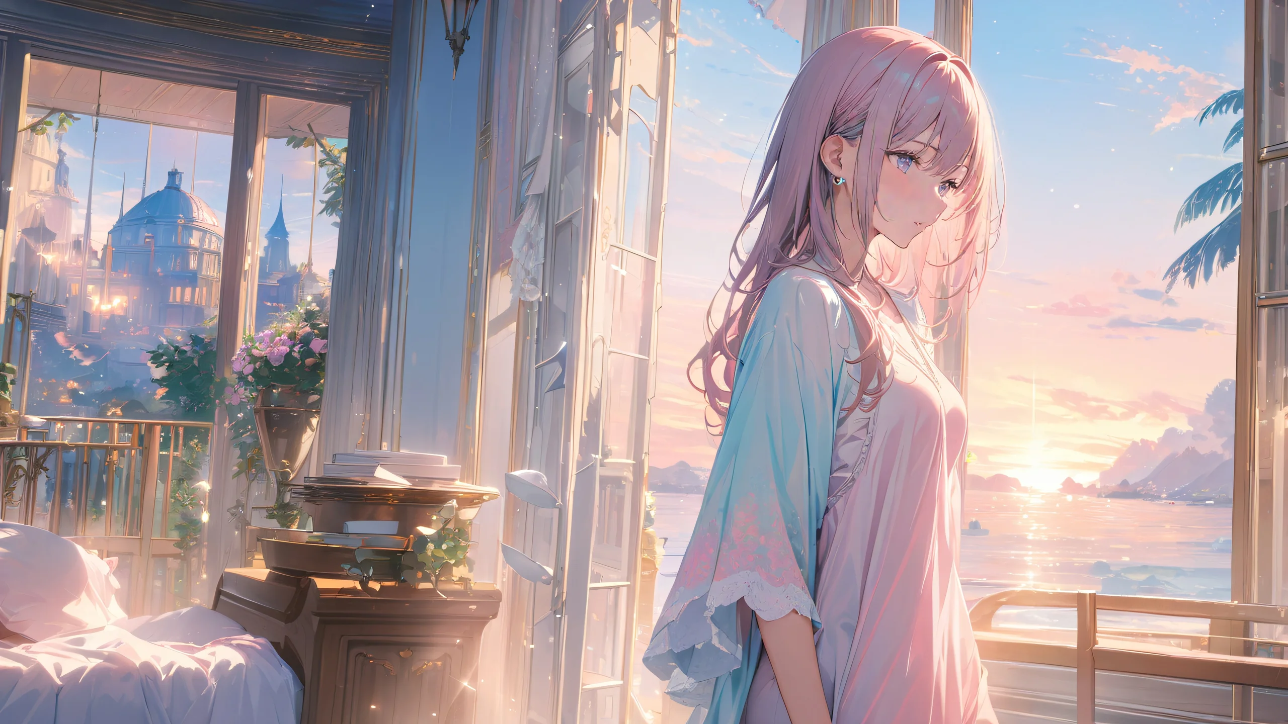 Indoor Masterpiece Unveiled Aesthetic PC Wallpaper A serene indoor scene featuring a woman admiring her artistic masterpiece in a room filled with warm black and pastel lighting.