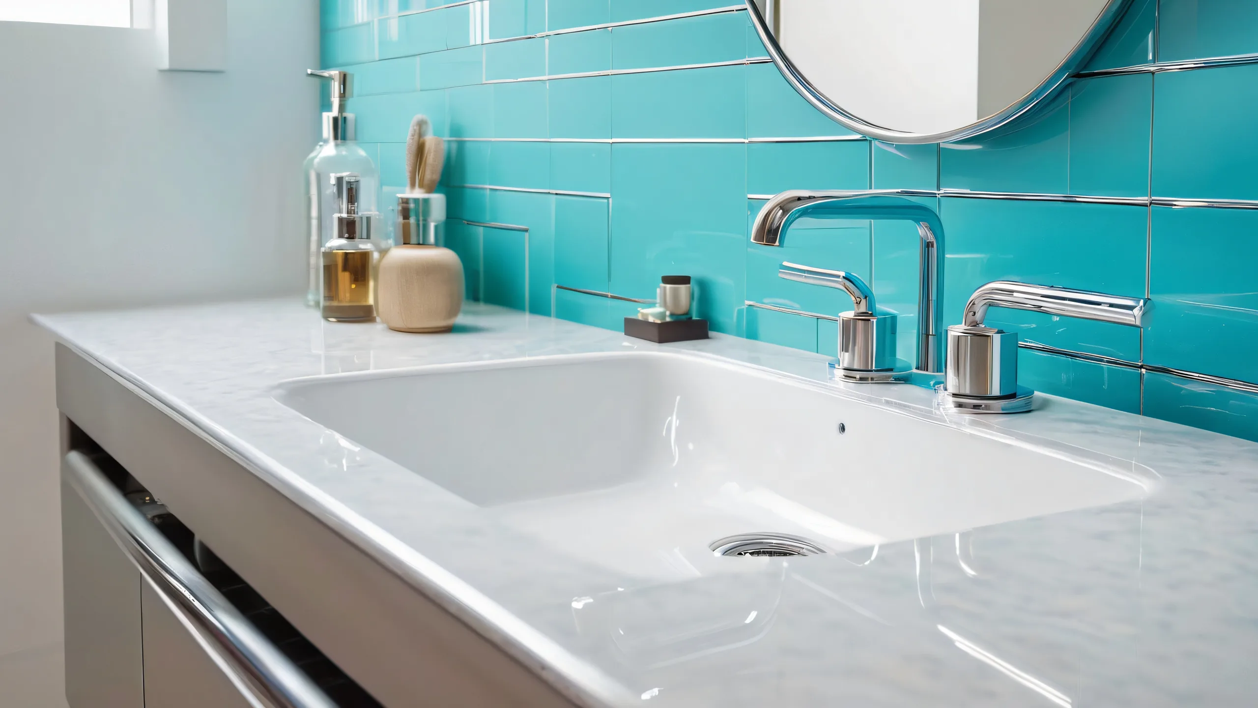 A futuristic bathroom scene featuring a chrome-plated sink handle and worn Formica countertops for desktop/pc use.
