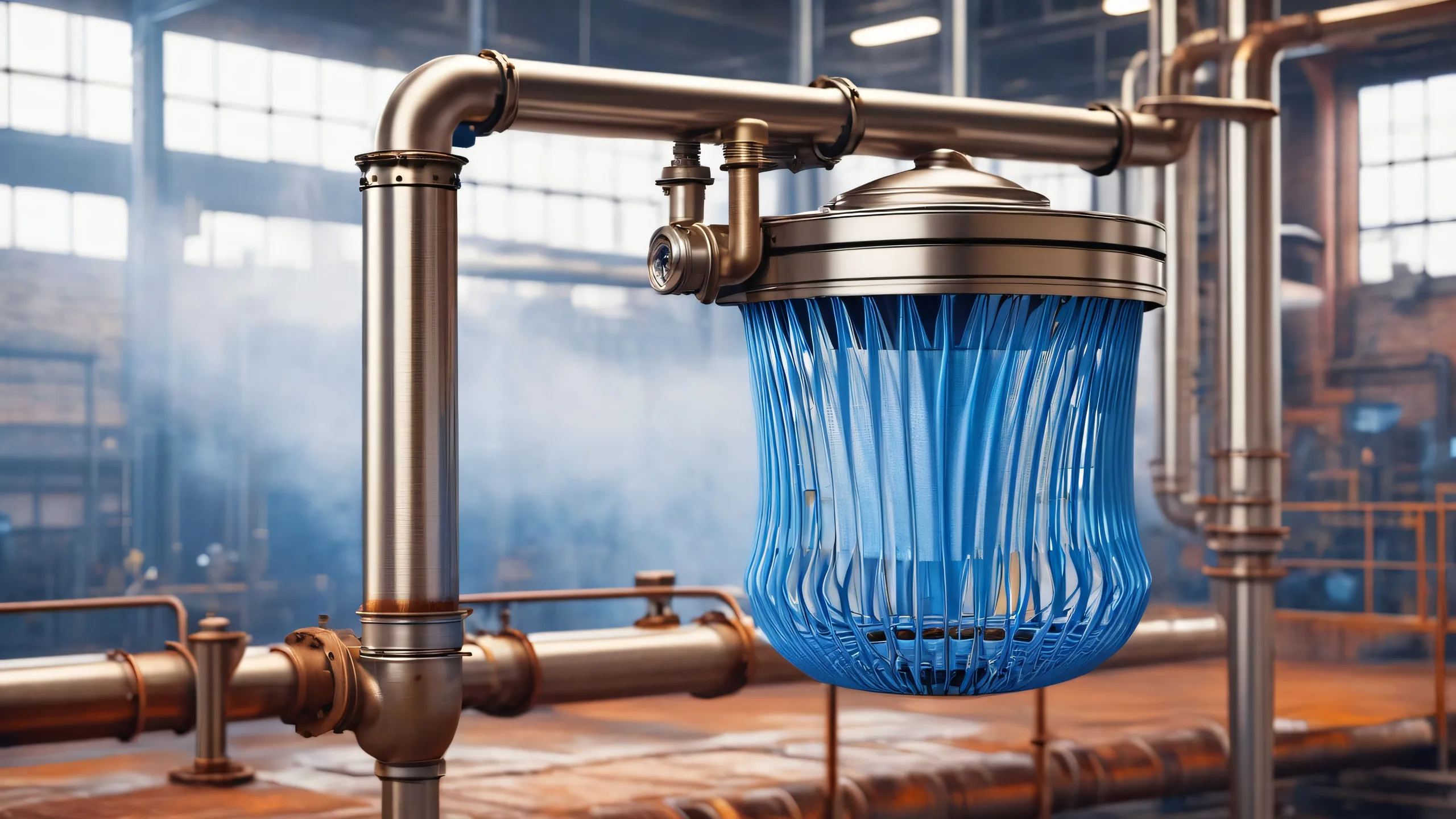 Ultra HD Industrial Elegance in Blue Light Wallpaper A stunning image of a metallic coffee filter holder suspended mid-air amidst polished steel pipes and industrial machinery against an exposed brick background with misty fog, suitable for desktop use on PC or Desktop