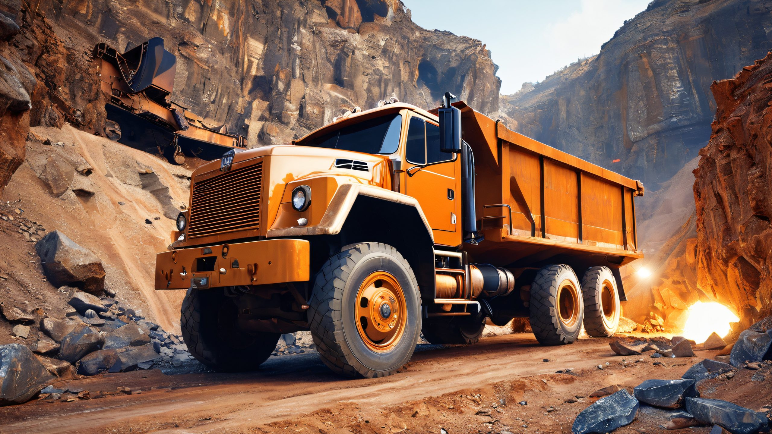 A rugged truck illuminates the dark mine shaft, hauling away debris, for desktop/PC use
