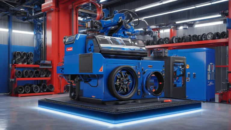 High-tech tire machine on metallic platform with tools and equipment, suitable for desktop/pc use.