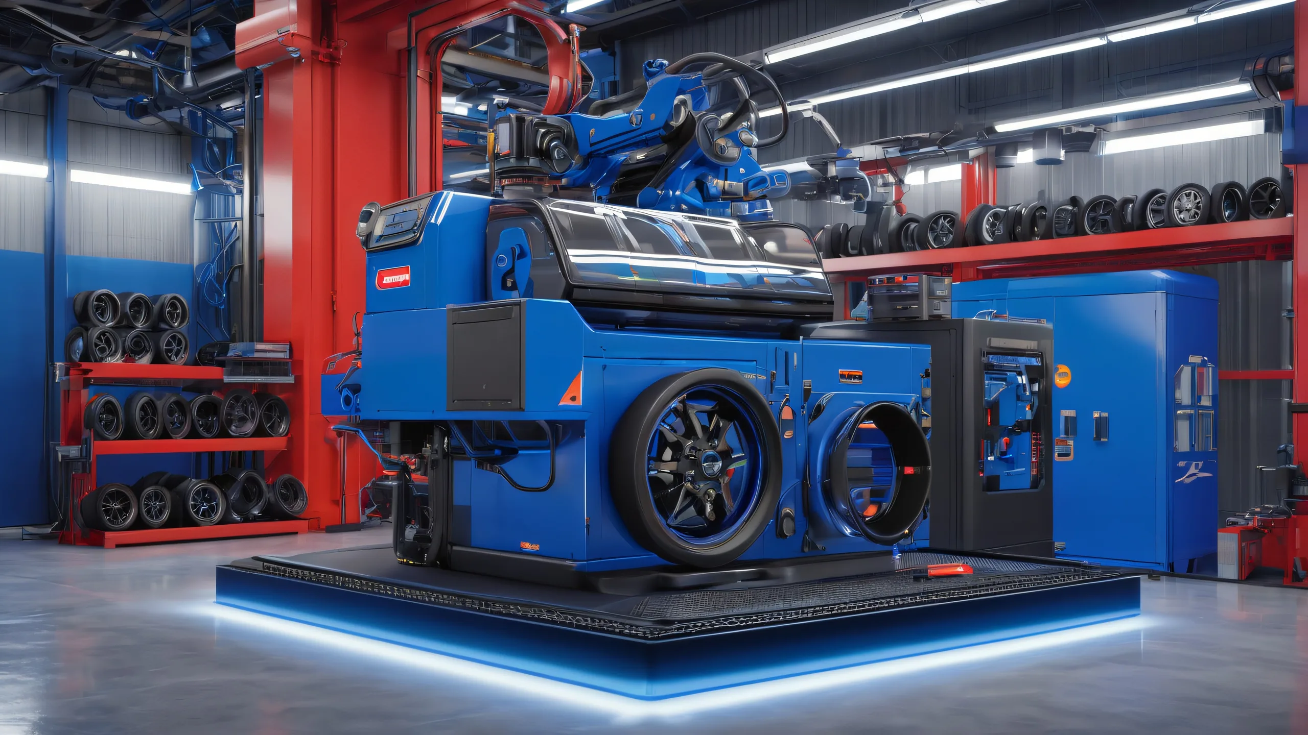 Industrial Machine Mastery 4K UHD Widescreen High-tech tire machine on metallic platform with tools and equipment, suitable for desktop/pc use.