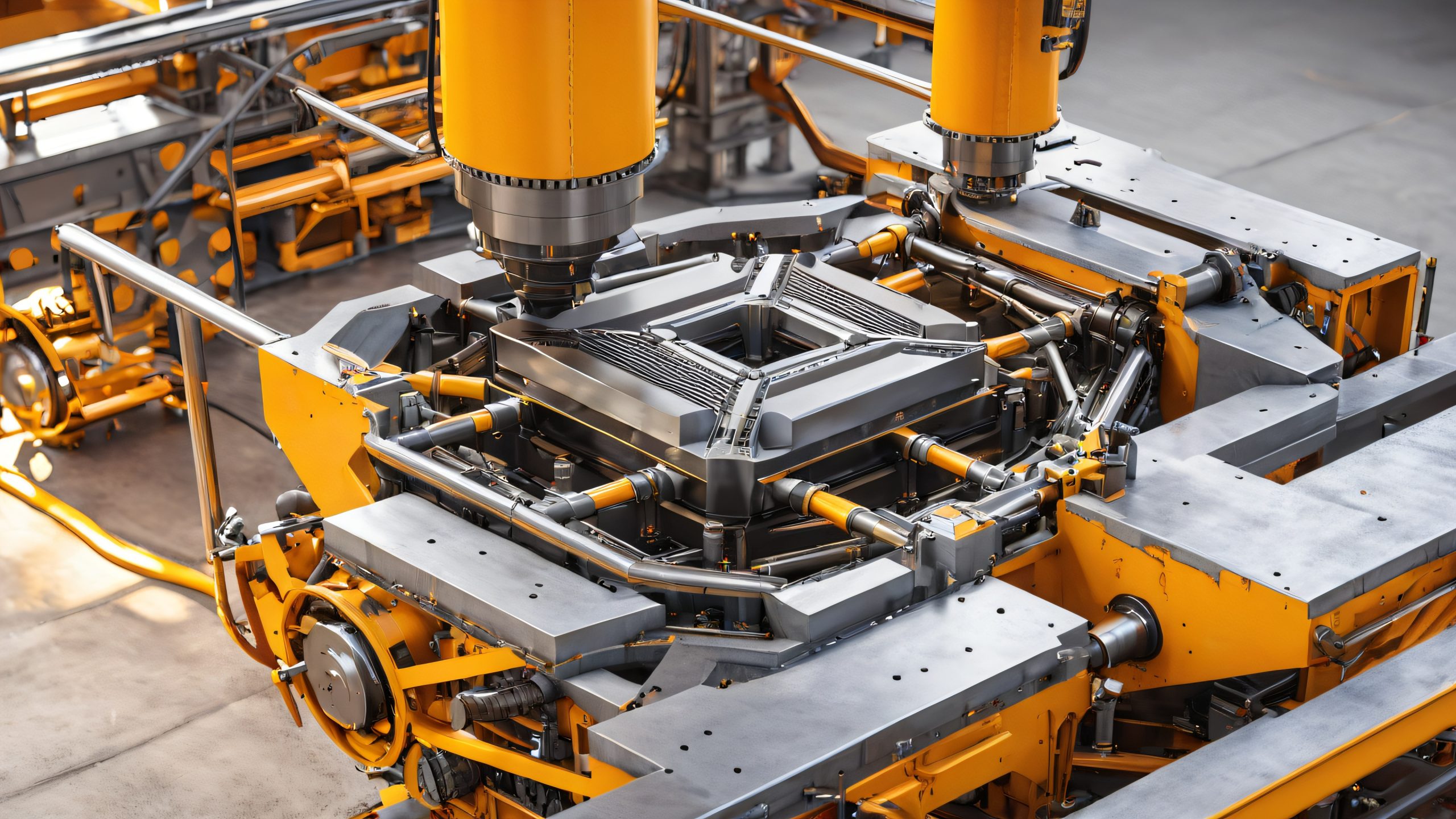 A behemoth of a press rises from a concrete foundation, its crown glinting with metallic sheen, on a factory floor with worn concrete and steel beams.