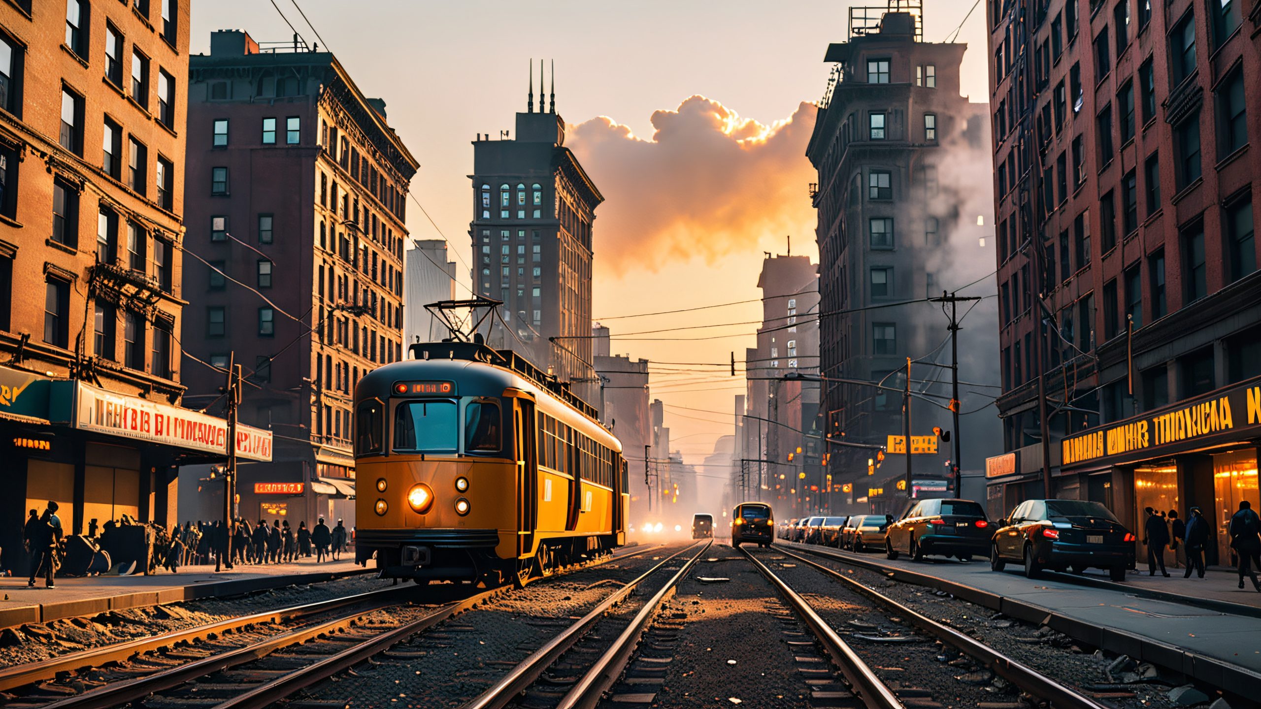 Rickety rail car speeding through dystopian cityscape on a desktop or PC