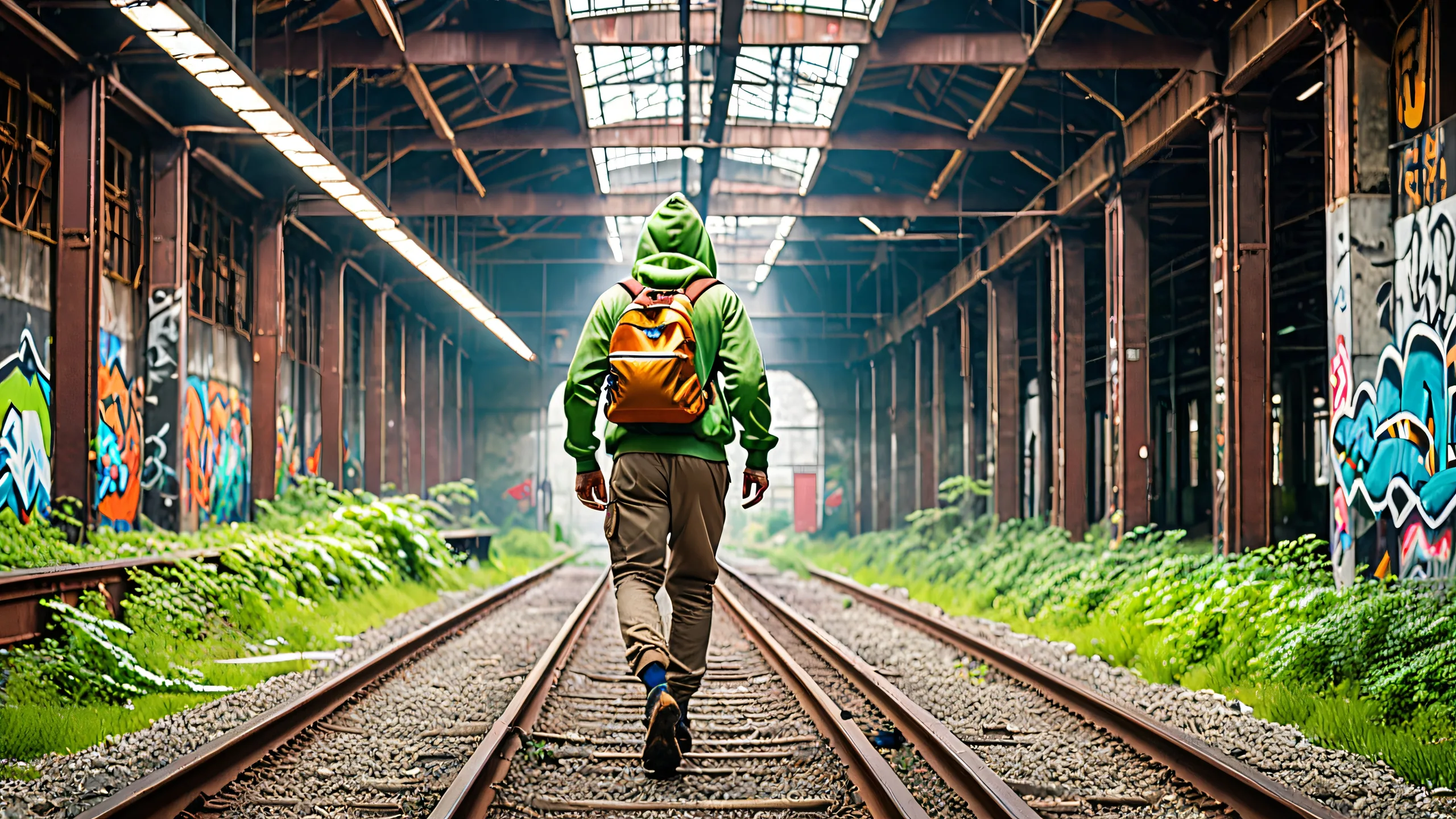 A lone figure sprints through an abandoned train station's platform, dodging debris and fluorescent lights on a desktop/PC.