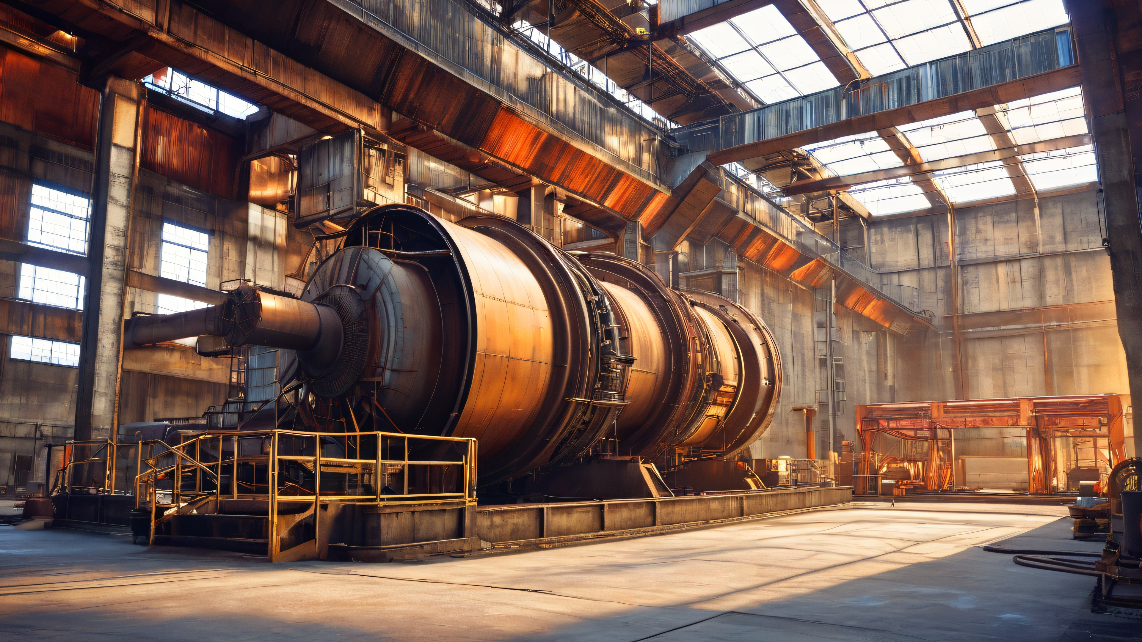 A large industrial turbine dominates the scene, set against a backdrop of a worn-out industrial plant with exposed pipes and machinery.