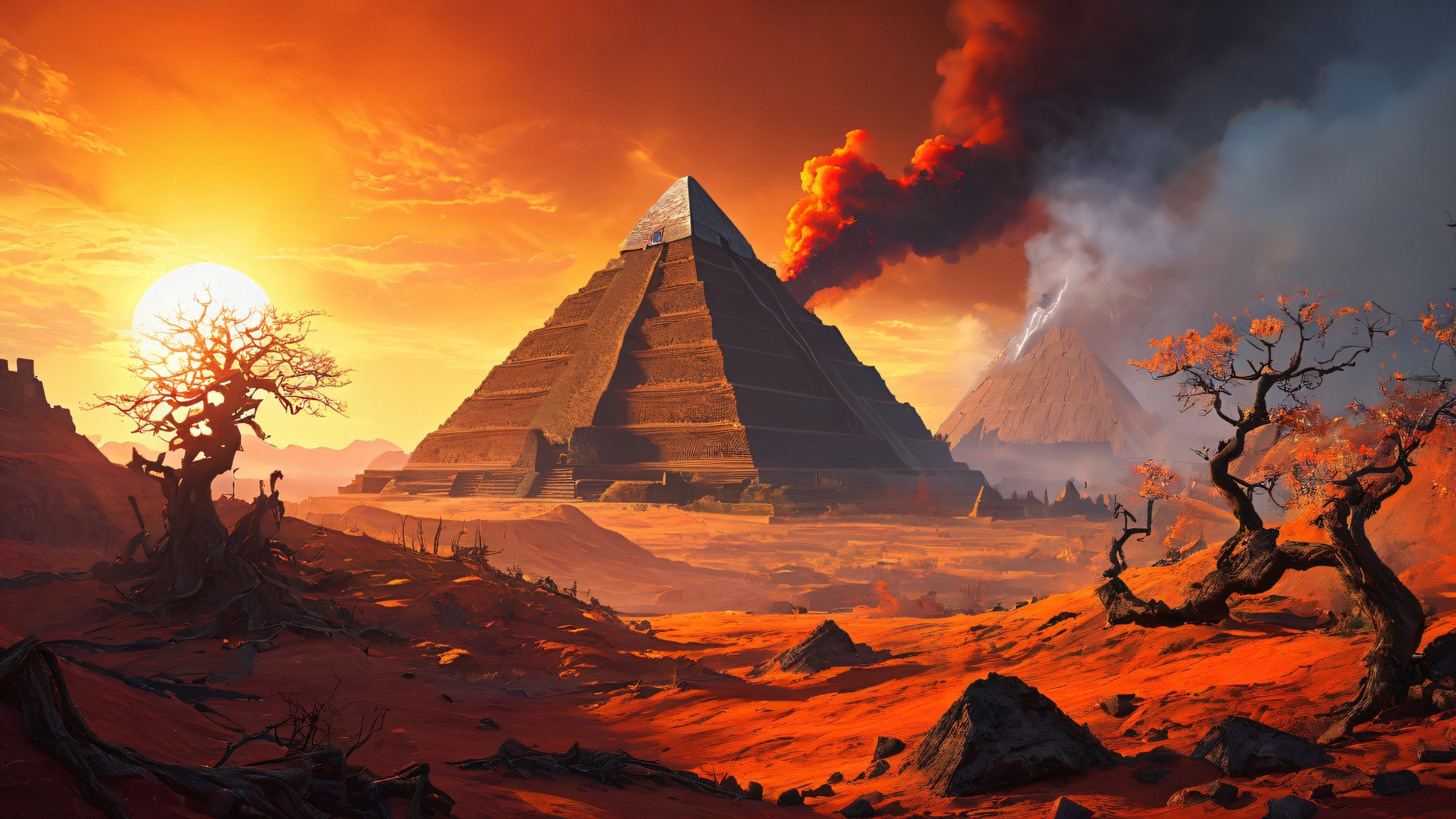 A post-apocalyptic wasteland of ancient cityscape with ziggurats and pyramids engulfed by flames on a desktop or PC