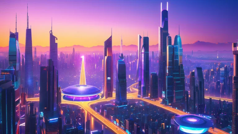 Futuristic cityscape desktop background for PC or monitor, featuring towering skyscrapers, neon-lit streets, and sprawling metropolis.
