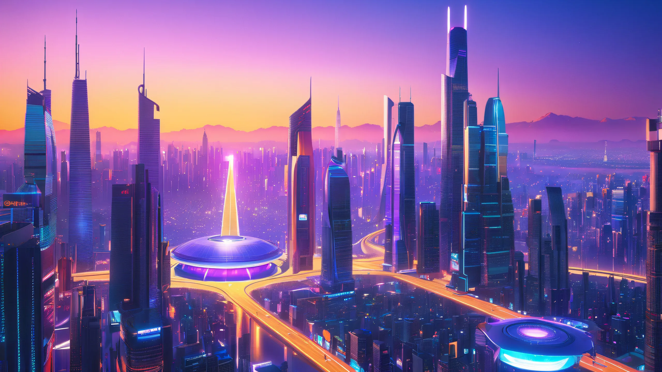 Infinity Cityscape Fusion 4K UHD Widescreen Futuristic cityscape desktop background for PC or monitor, featuring towering skyscrapers, neon-lit streets, and sprawling metropolis.