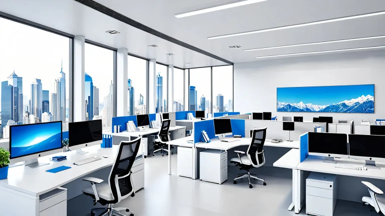 A futuristic infographic design with blue and gray tones, depicting people in an office setting.