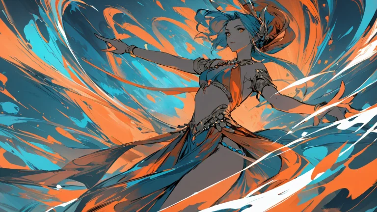 Abstract dancer silhouette against a dynamic blue and orange ink sketch background