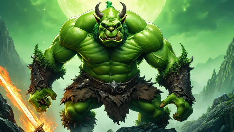 A dark fantasy illustration of a green ogre standing in a dimly lit forest.