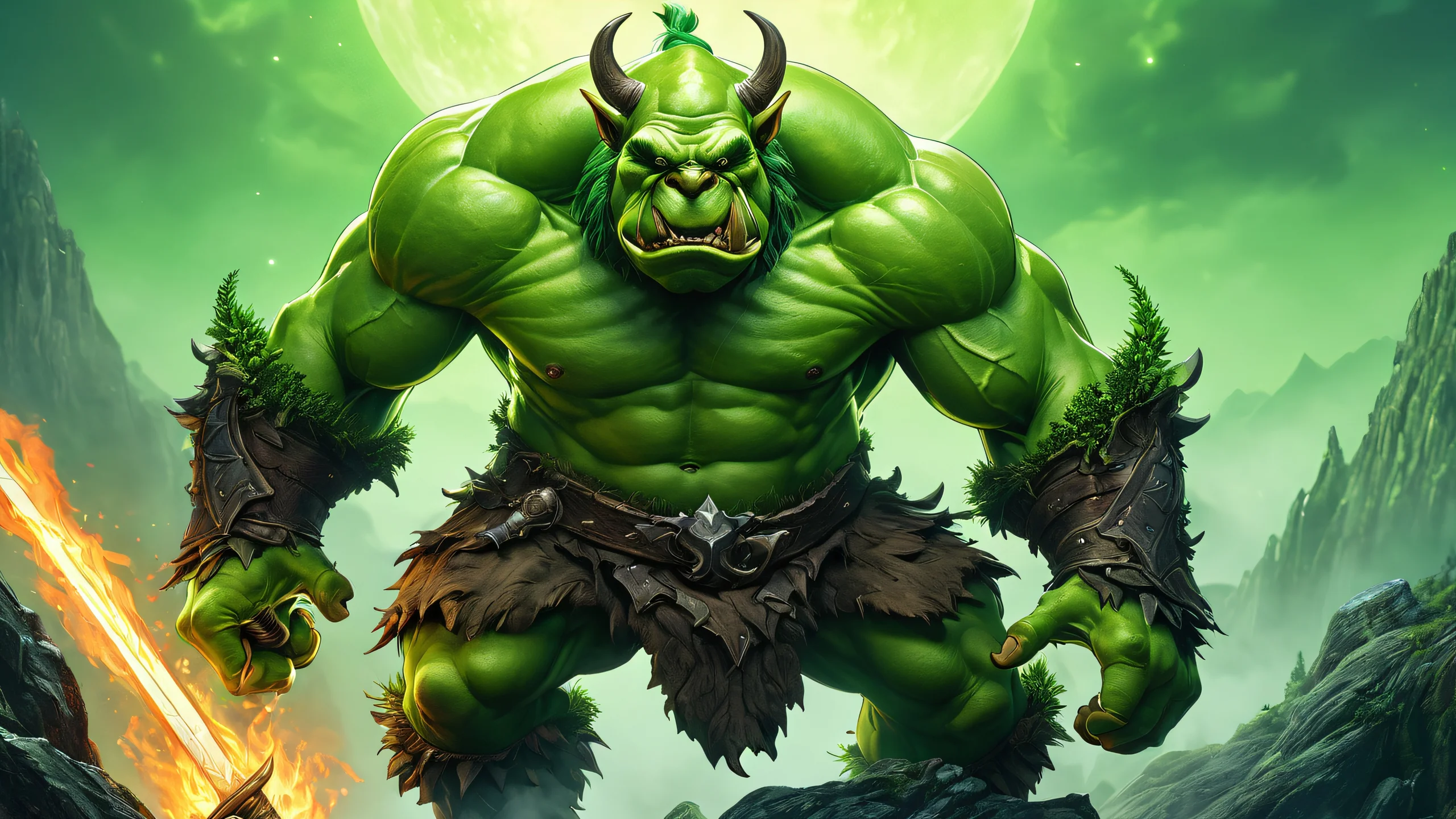 4K Inked Forest Guardian Wallpaper for PC/Mac A dark fantasy illustration of a green ogre standing in a dimly lit forest.