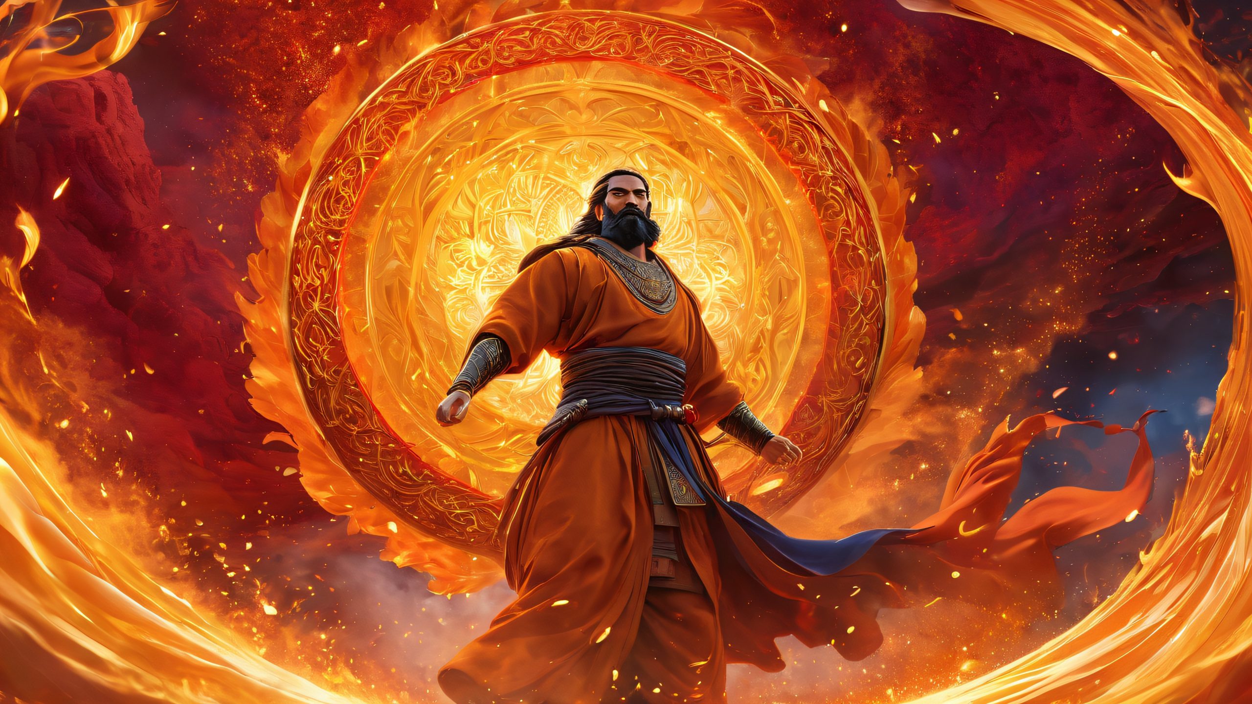 Inner Father Shura stands tall amidst a swirling vortex of crimson and gold on a desktop or PC, with a symbol of strength and a fiery aura.