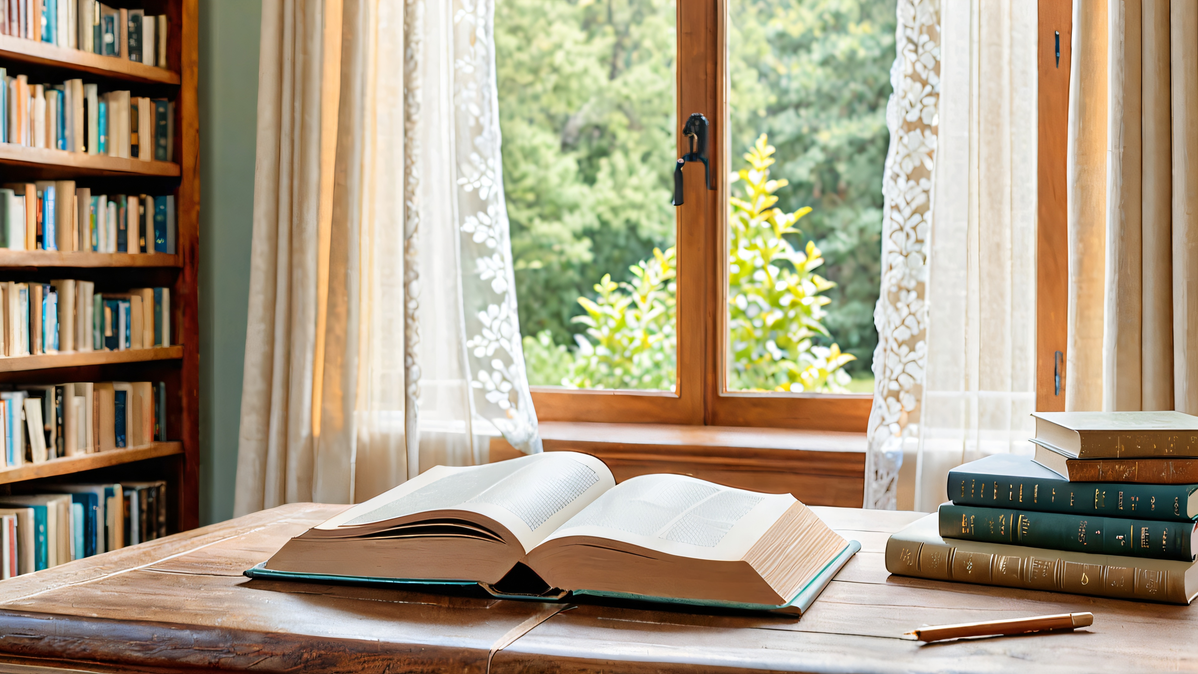 Serene reading nook with worn leather-bound books and vintage wooden furniture