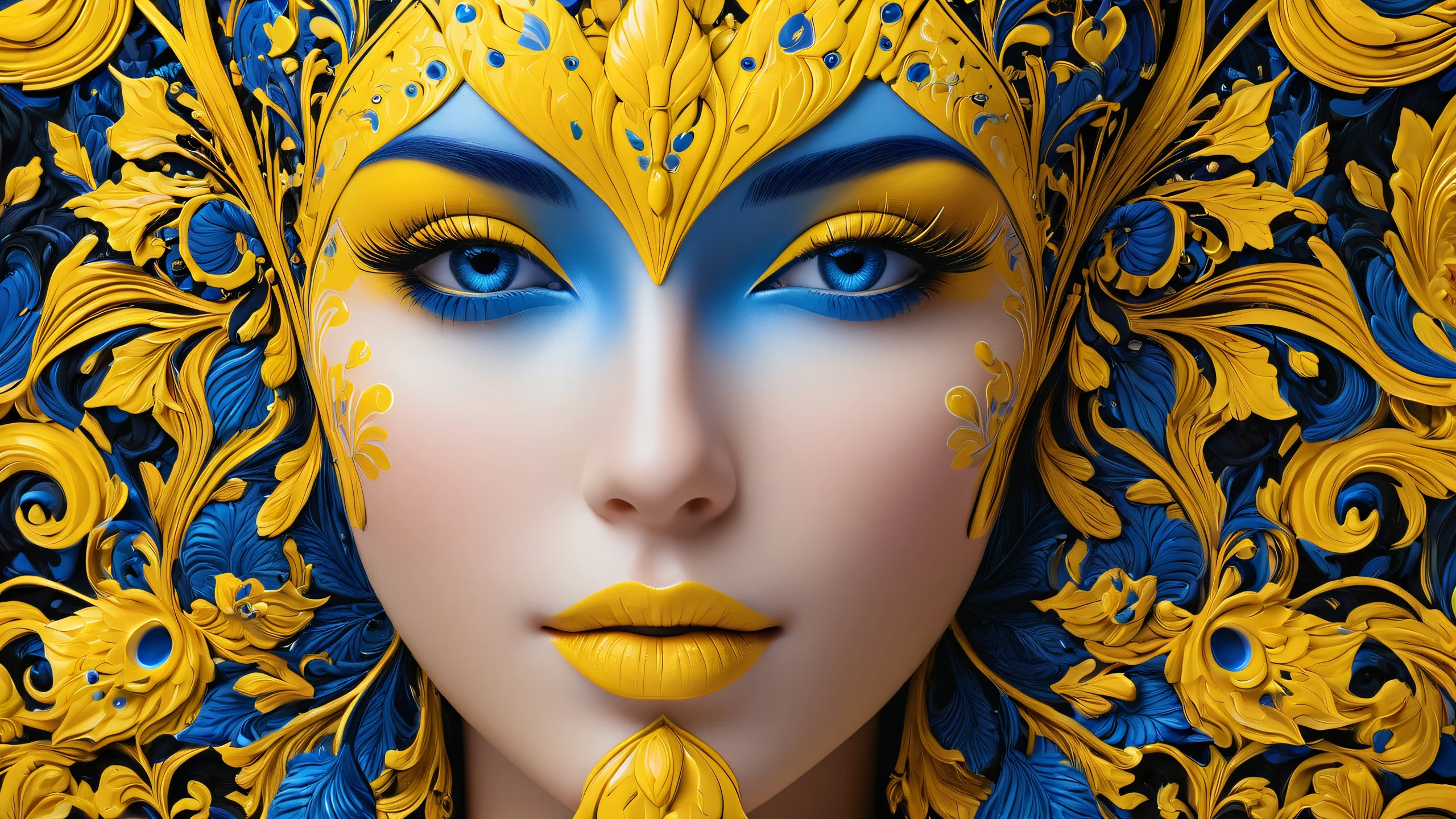 Intricate Celestial Masterpiece 4K Desktop Wallpaper High-contrast fantasy artwork featuring intricate patterns and geometric shapes in shades of yellow, black, and blue.