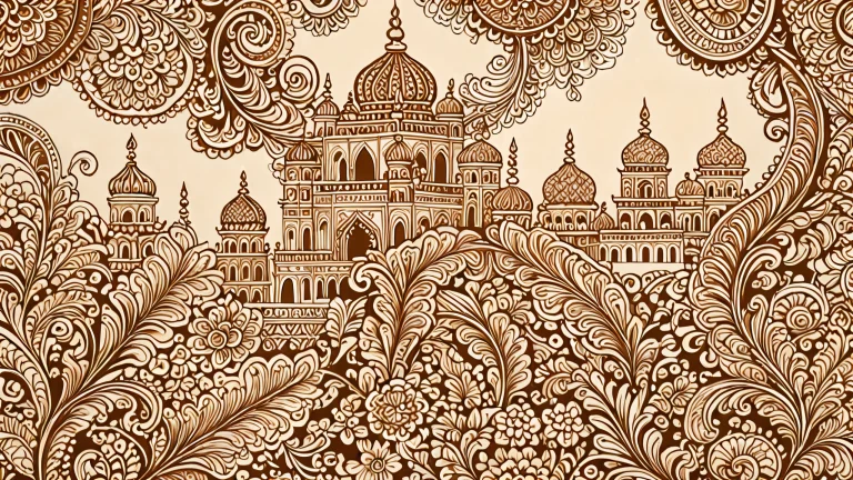 Abstract 4K wallpaper featuring intricate ink drawings on rice paper with a warm sepia tone and brown henna details.
