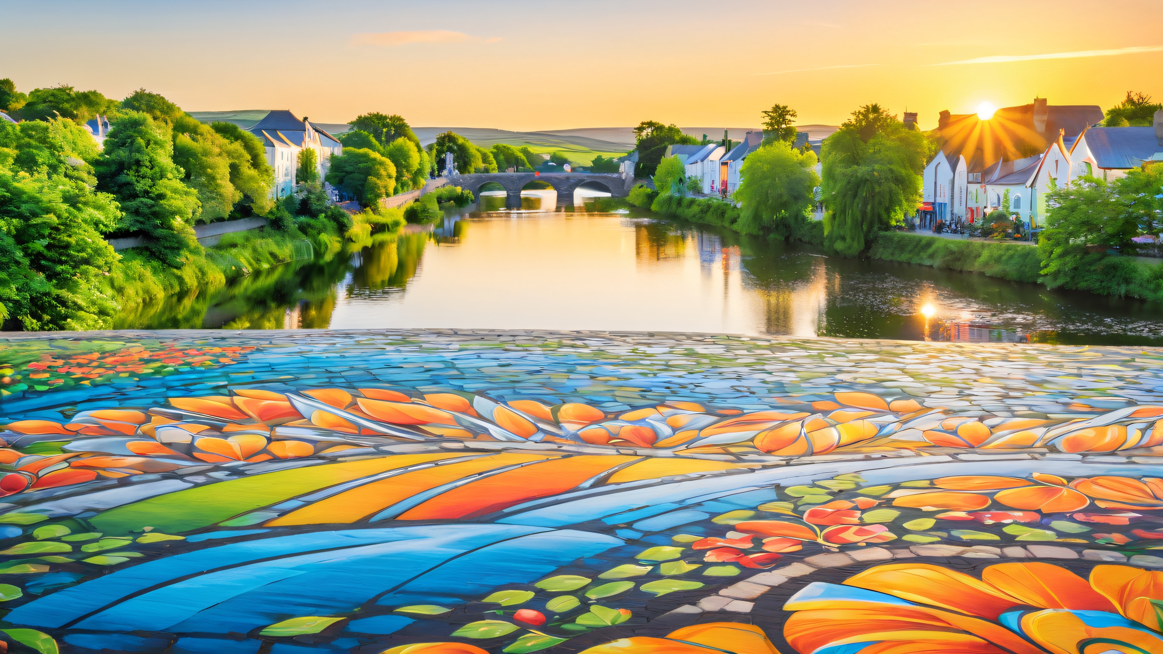 A stunning 4K wallpaper featuring a vibrant street art mural in Carrick-on-Shannon, Ireland, with Celtic knotwork, whimsical creatures, and lush greenery