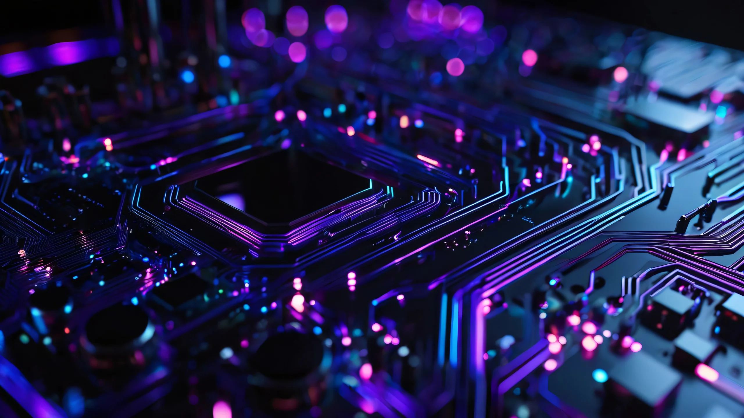 Iridescent circuitry fragment macro image with detailed bokeh and dark background