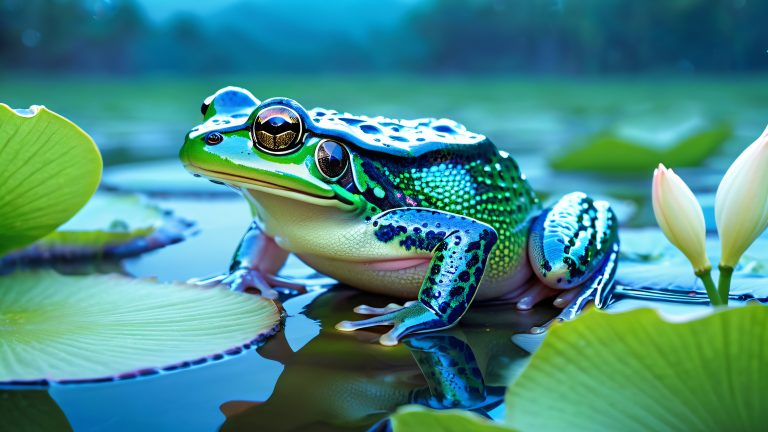 iridescent frog glowing lily pad 4k wallpaper scaled