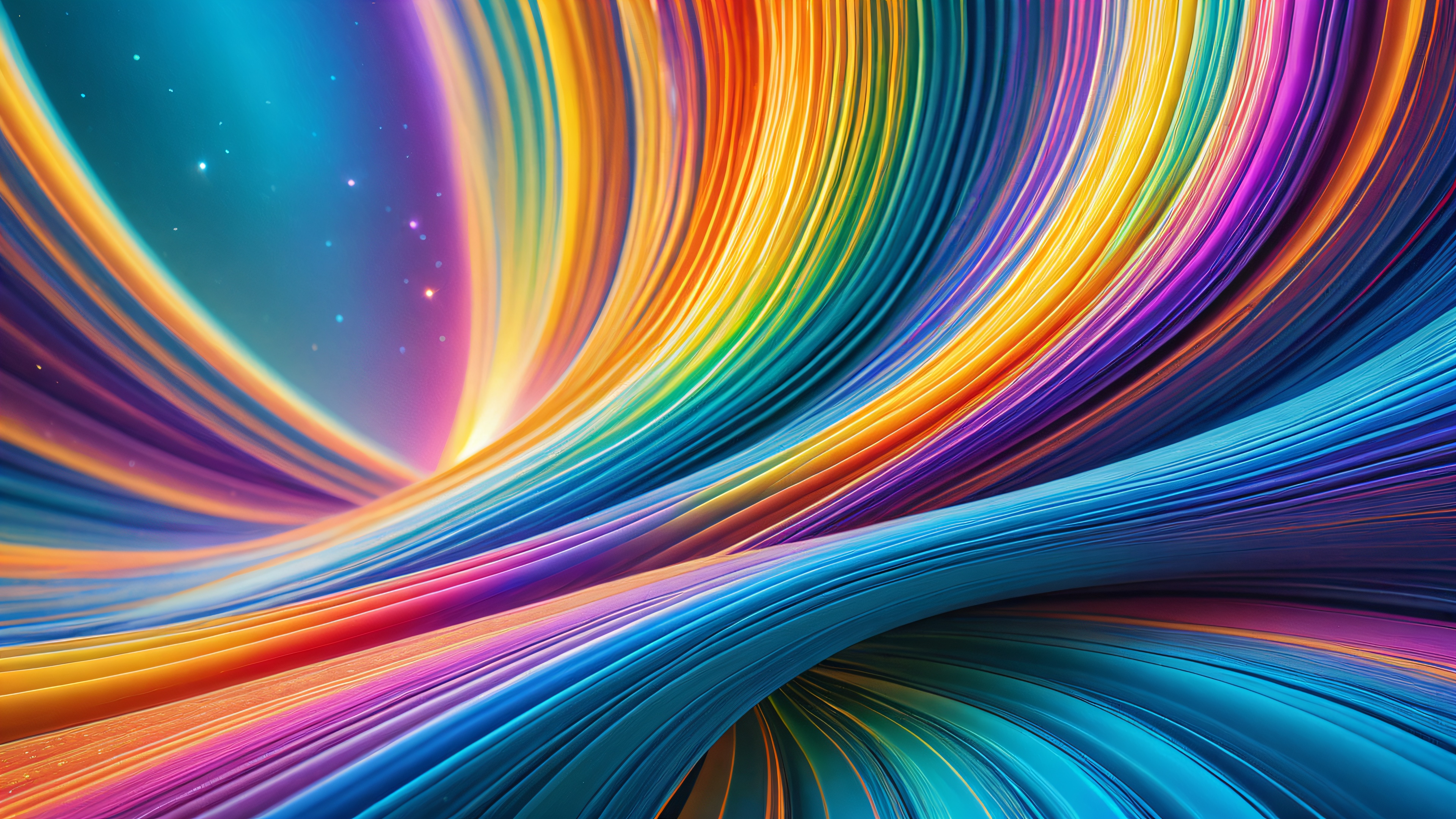 Delicate filaments of iridescent glass flowing through a kaleidoscope of colors, with shimmering particles suspended in mid-air.