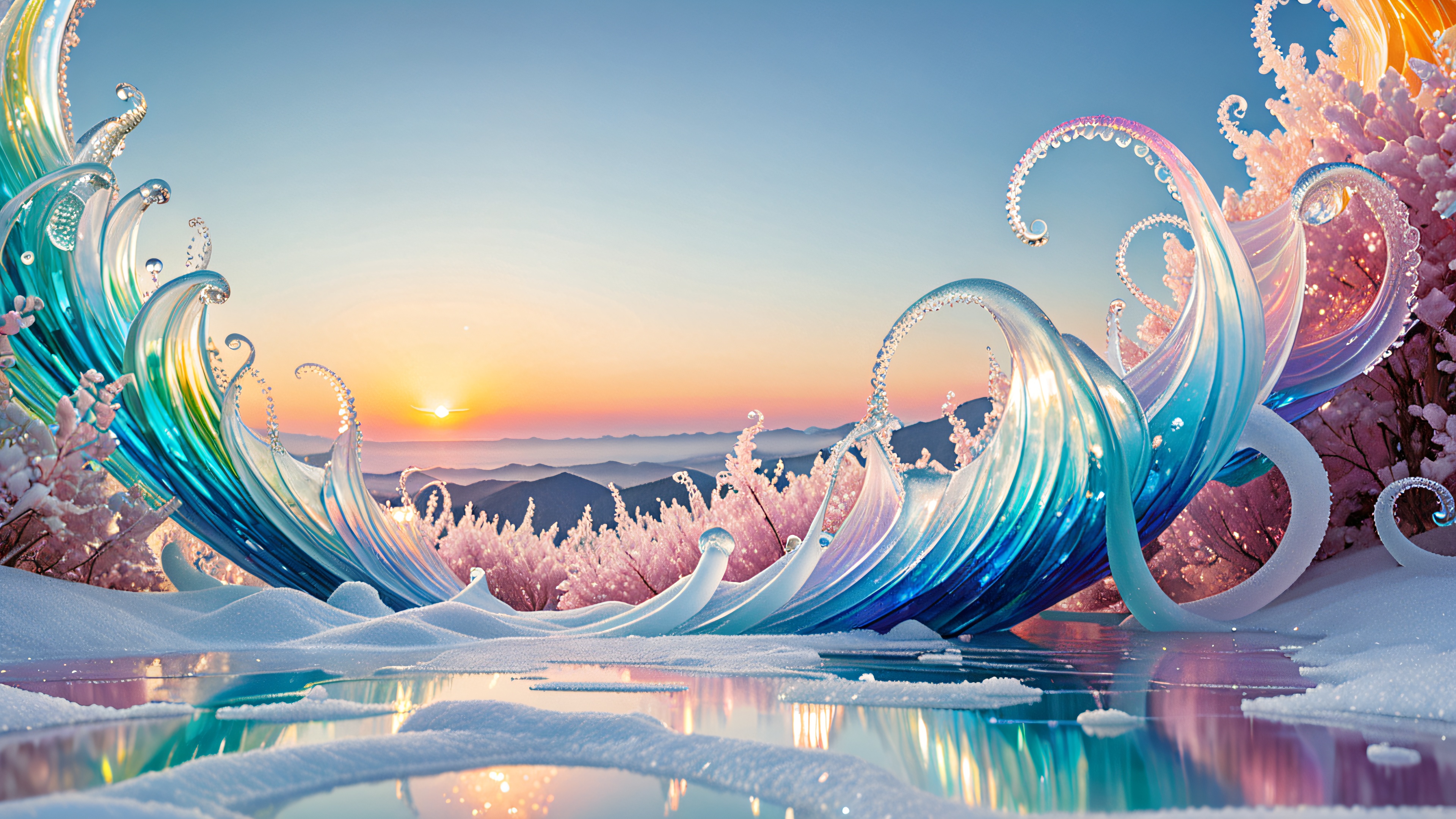 Abstract desktop wallpaper featuring iridescent glass structures and a rainbow-colored haze