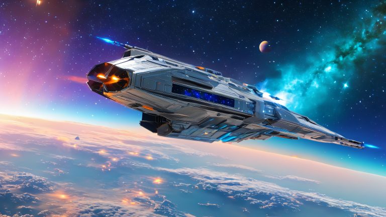 isa gunship soars through nebulae 4k wallpaper scaled