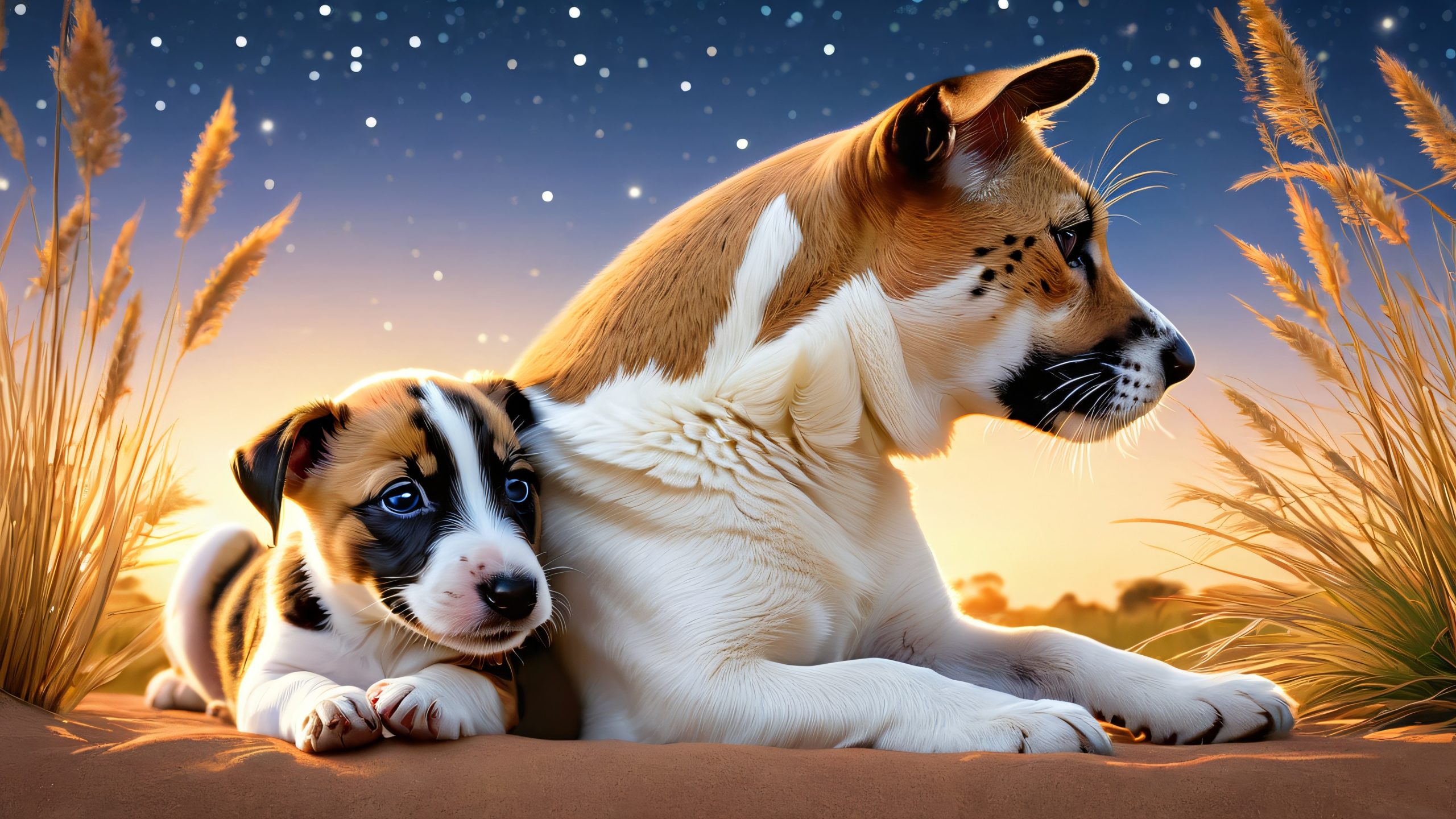 4K Jaguar's Starry Night Serenade Wallpaper for PC/Mac A heartwarming moment of connection between a jaguar cub and a Jack Russell terrier gazing up at the star-filled night sky, suitable for desktop/pc screens.