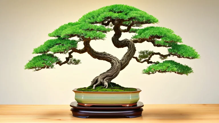A serene bonsai tree on a minimalist desktop/pc background with delicate ceramics and soft lighting.