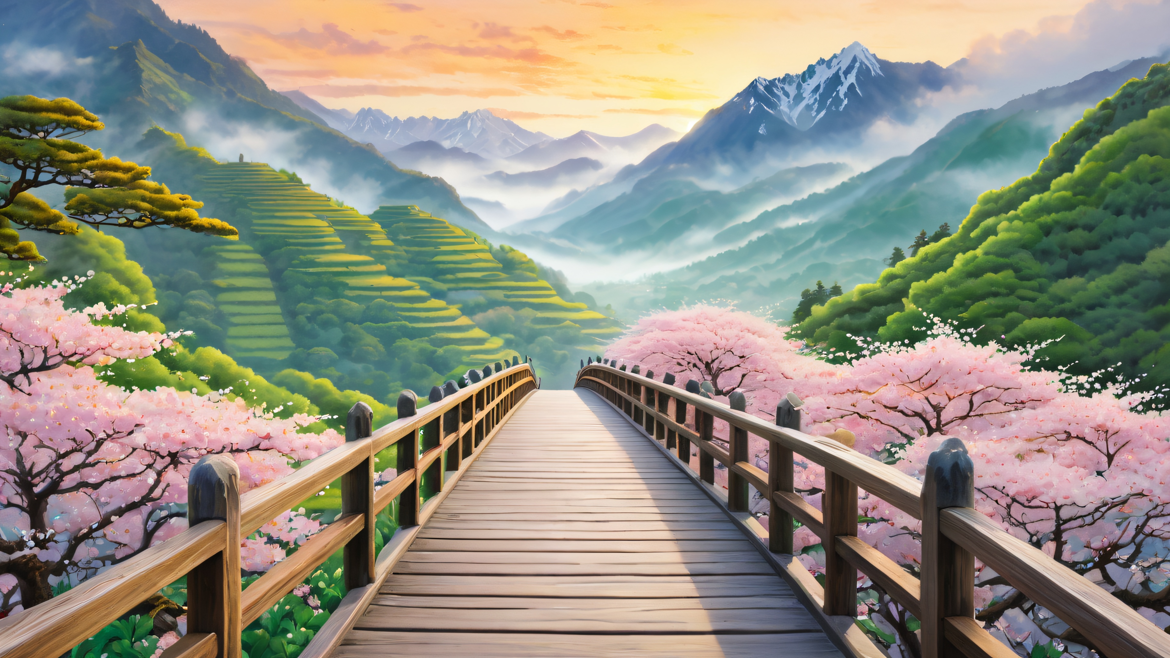 A majestic wooden bridge in ancient Japan setting, surrounded by lush valley, misty mountains, and wispy fog, with golden hour light and watercolor-inspired textures.