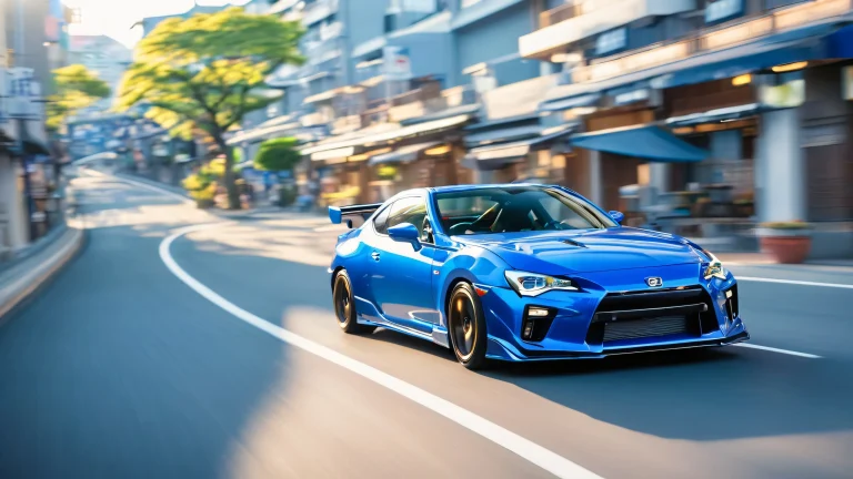 A high-quality desktop wallpaper featuring Japanese cars in motion, sunlit and blurred, with a daytime blue sky