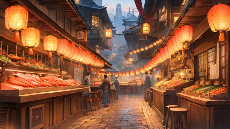 japanese fish market wallpaper moonlit alleyway kamaboko skewers scaled