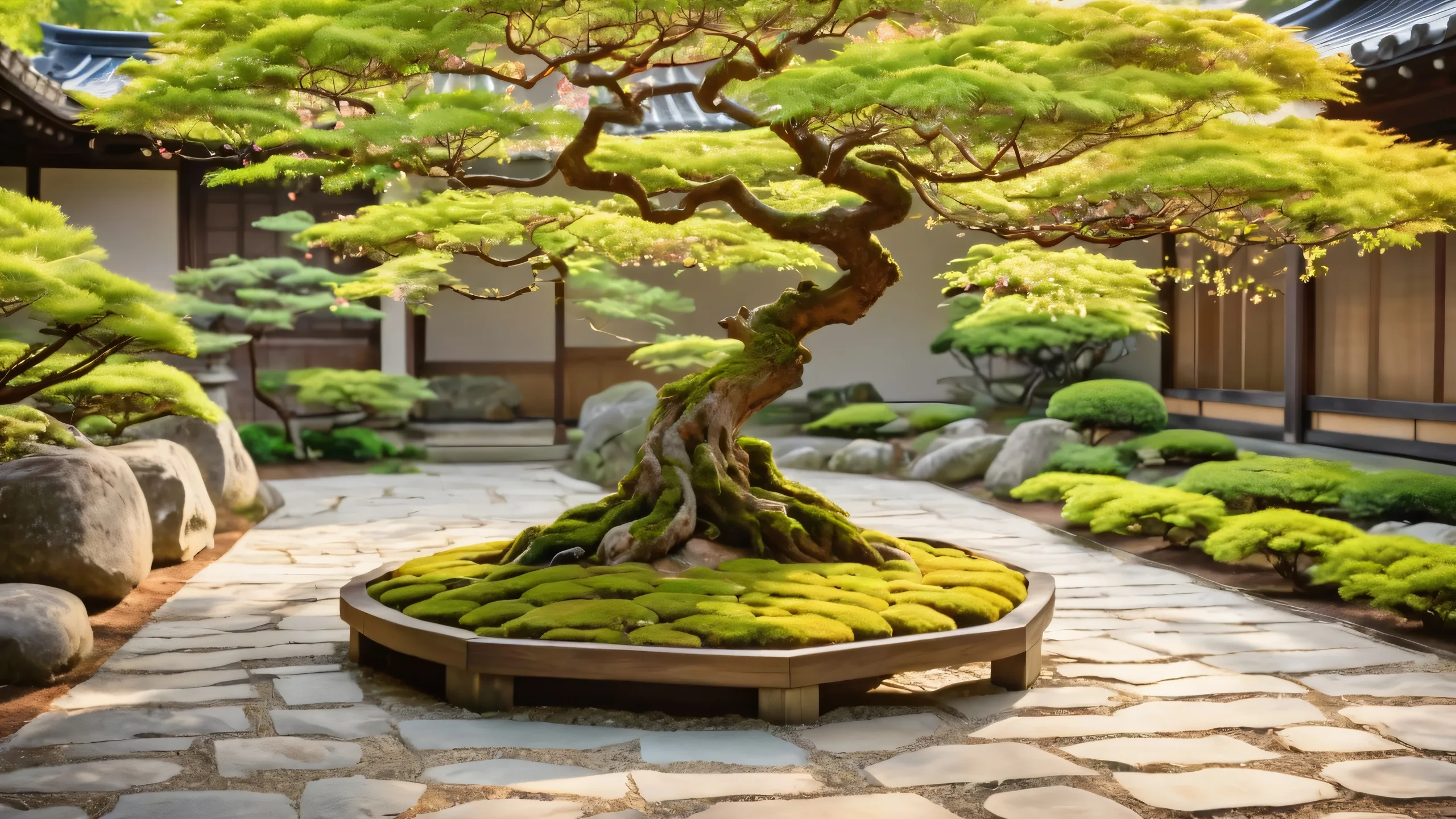 4K Japanese Garden Oasis Wallpaper for PC/Mac A serene desktop image featuring a bonsai tree and traditional Japanese garden scenery with stone lantern, rustic fences, and natural foliage for PC or Desktop use.