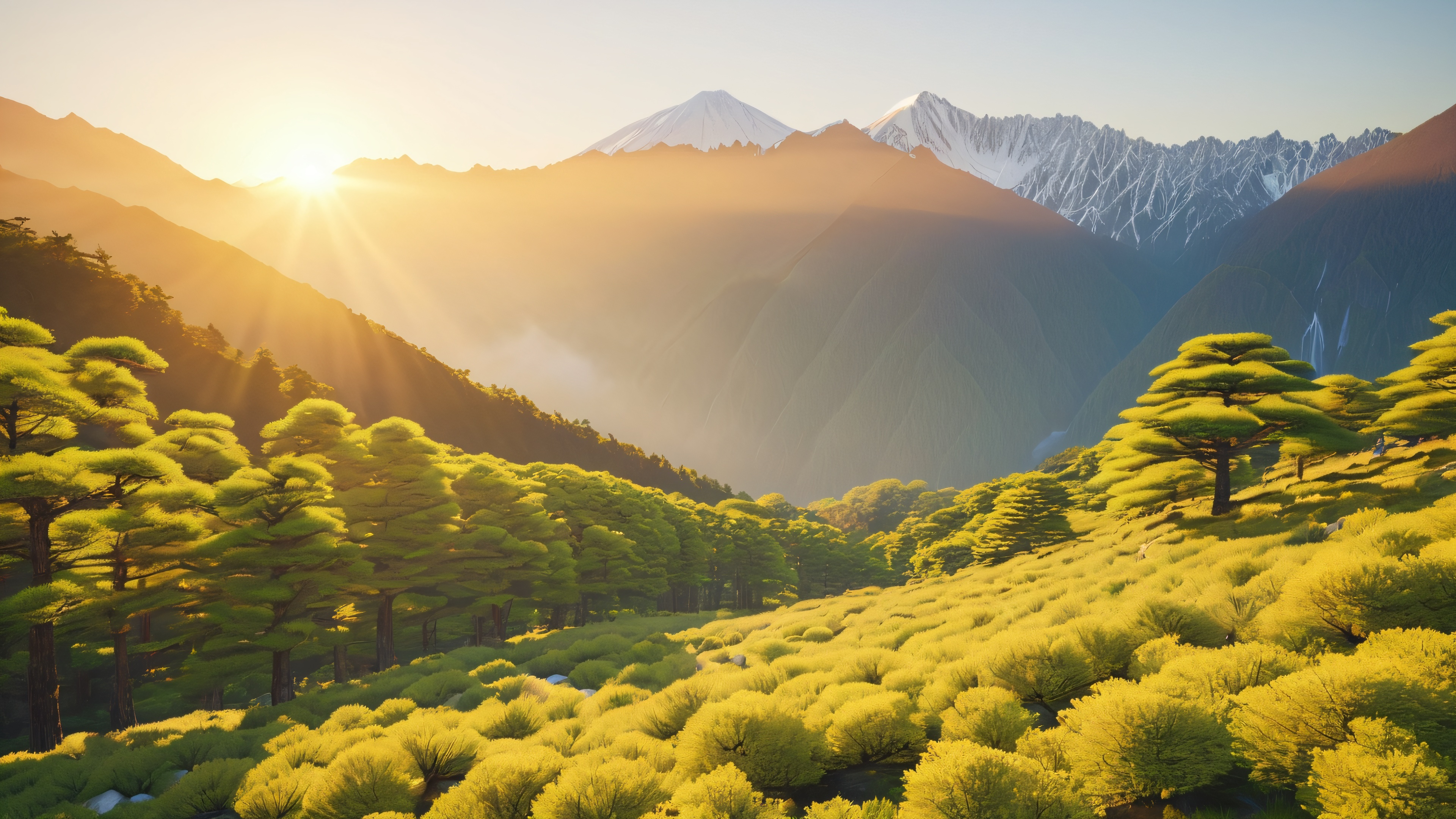 Snow-capped mountains of Japan's Hotaka Range, surrounded by lush greenery and ancient forests, under warm golden hour sunlight.